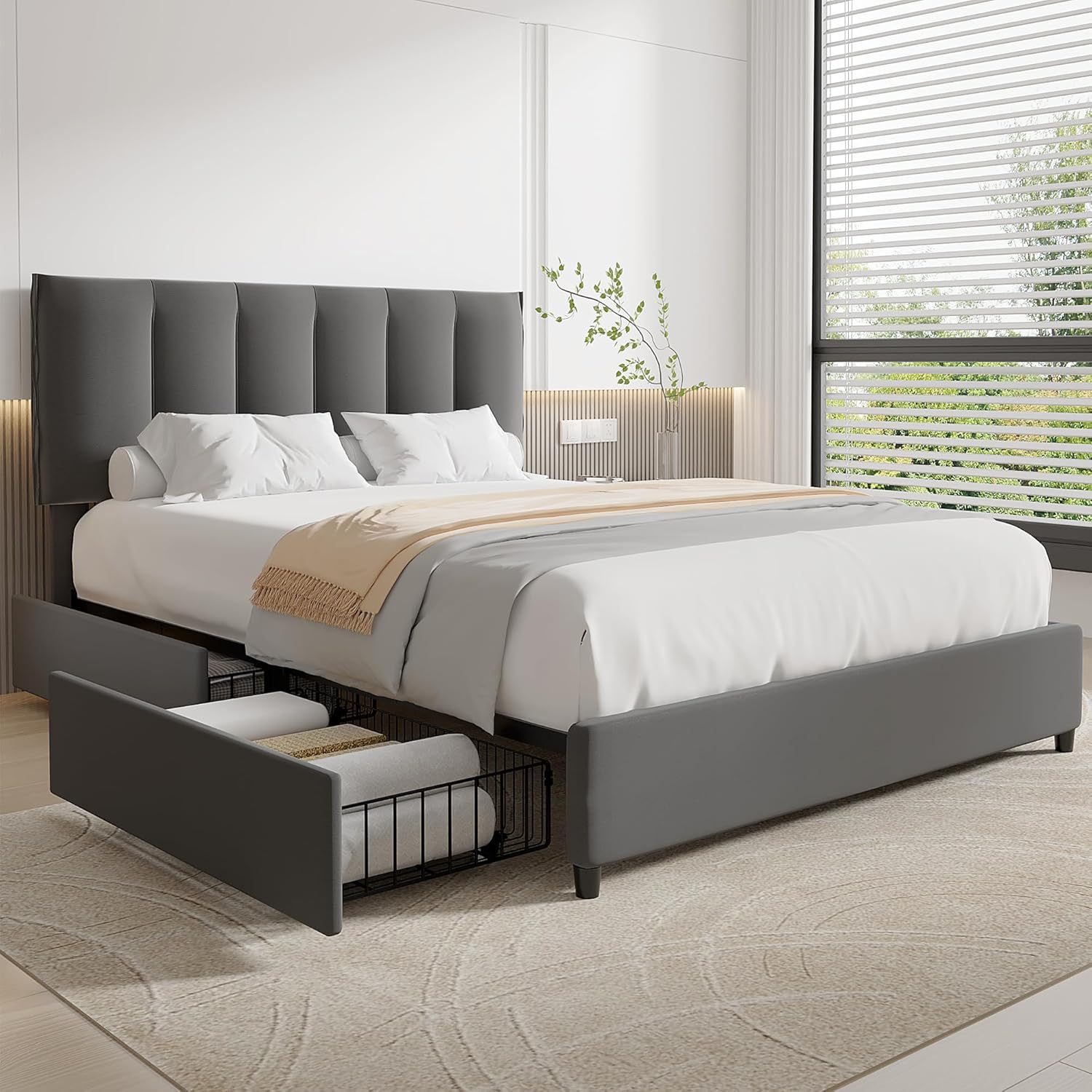 VECELO Upholstered Bed Frame with 4 Storage Drawers and Adjustable Velvet Headboard