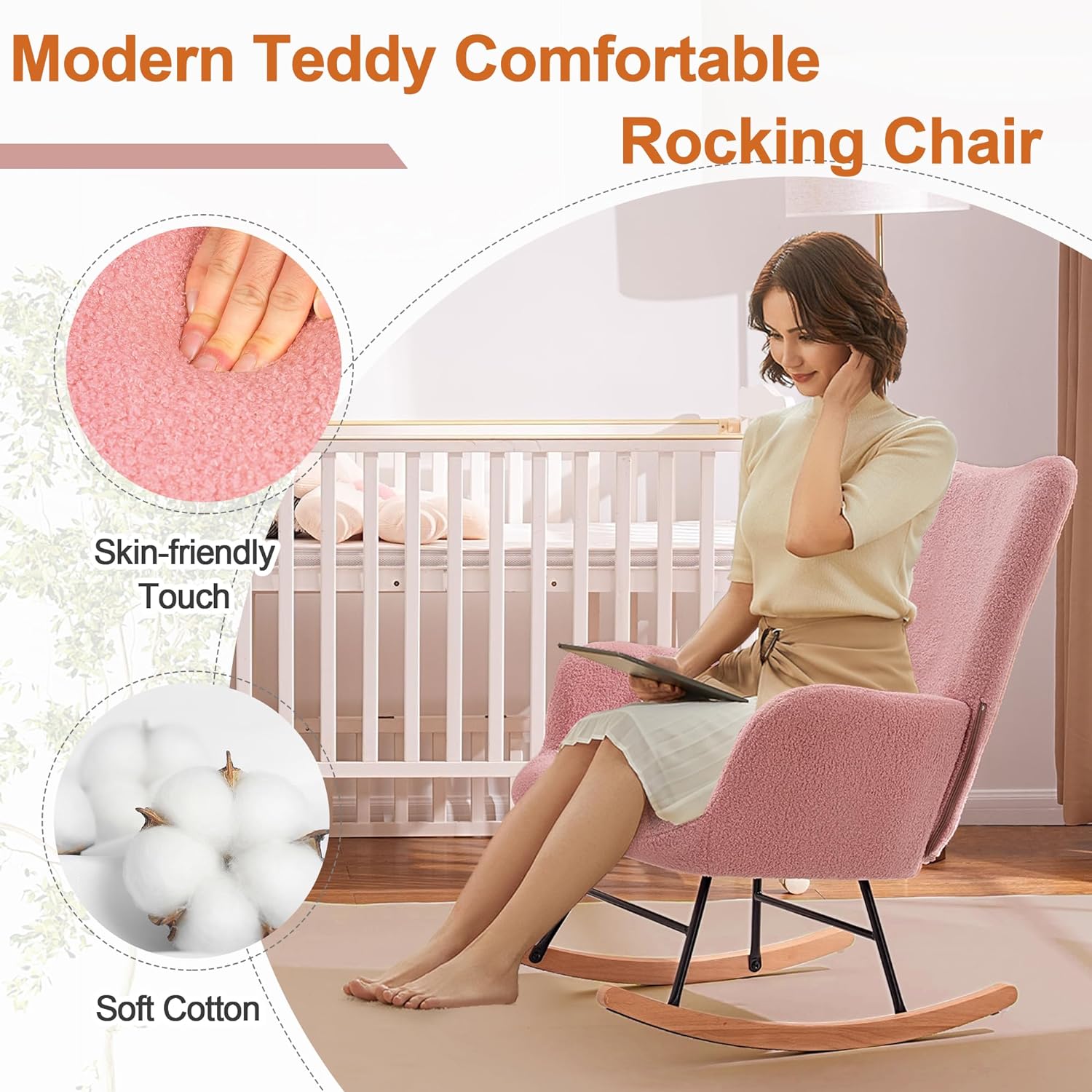VECELO Rocking Chair, Modern Upholstered Teddy Fabric Nursery Glider