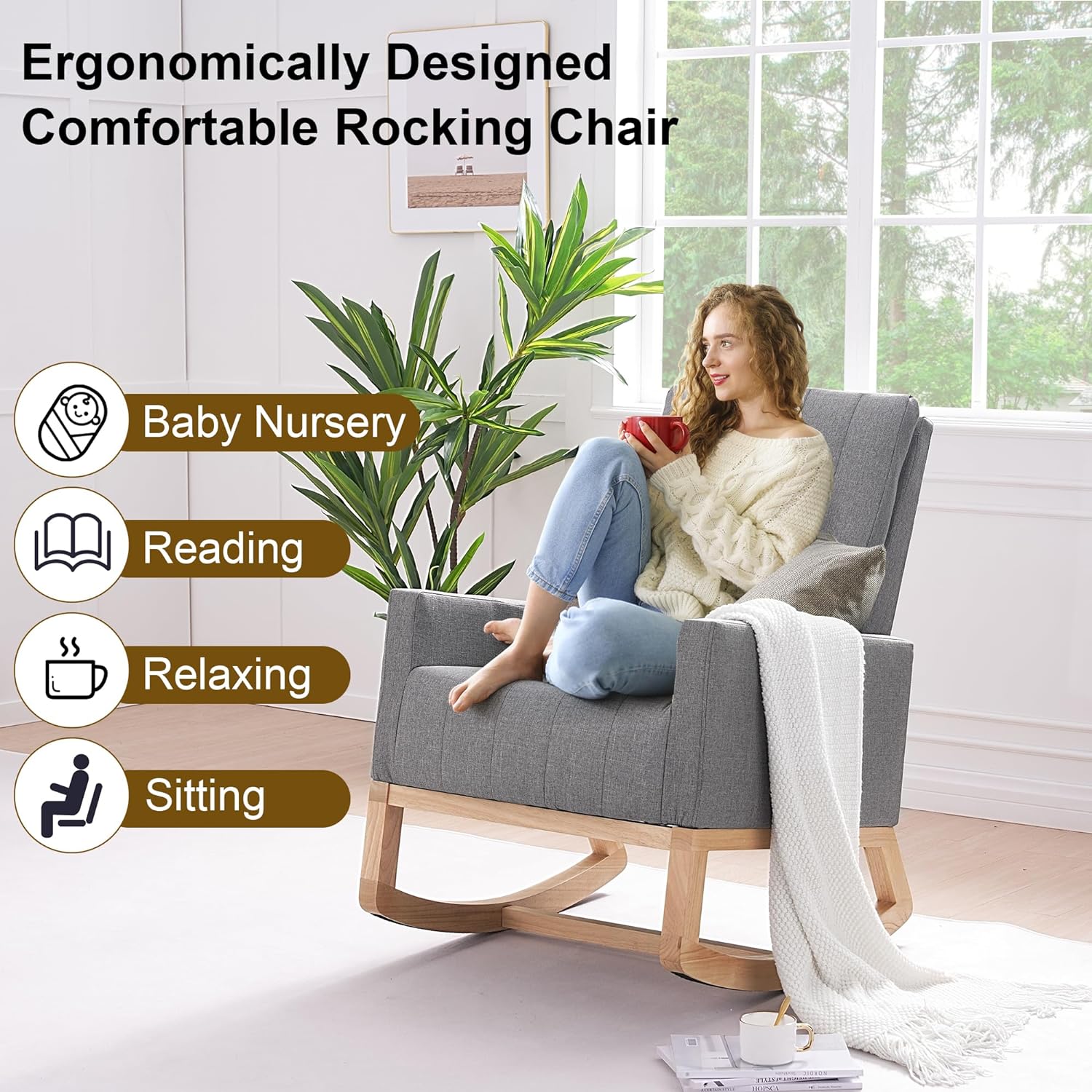 VECELO Rocking Chair Upholstered Nursery Glider Rocker High Backrest Comfy Armchair with Side Pocket and USB Port - VECELO