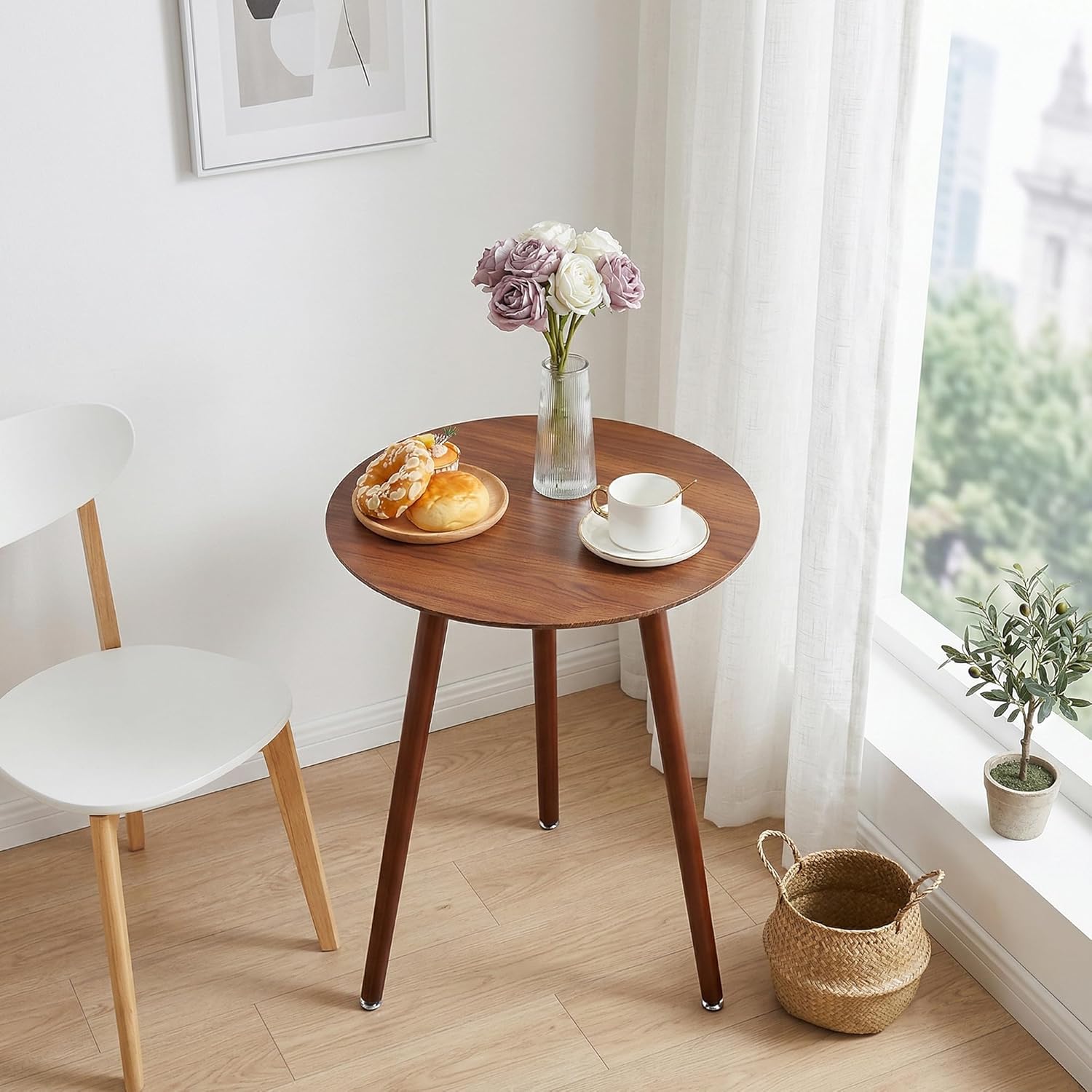 VECELO Round Wooden Side End Table with Adjustable Foot for Indoor Outdoor