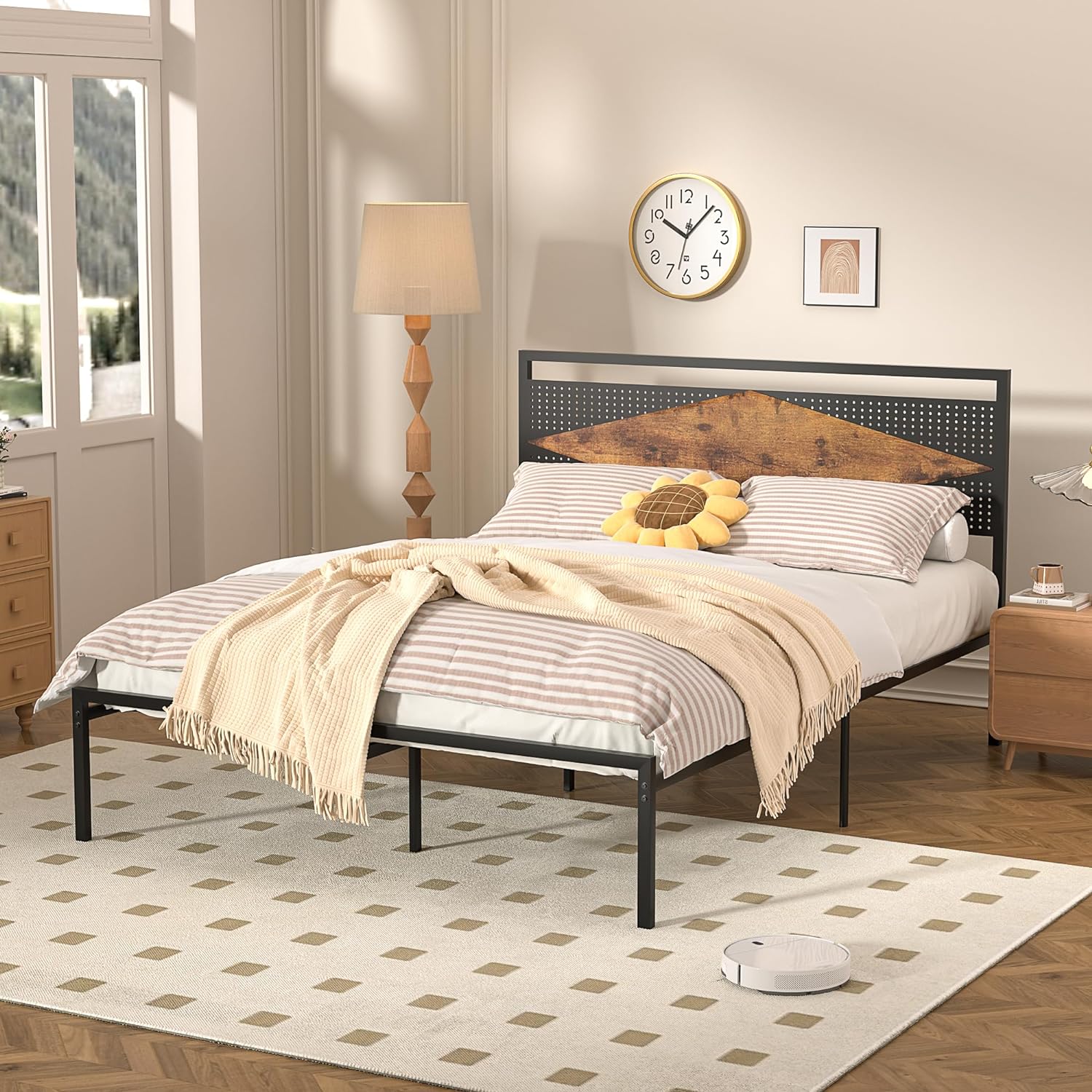 VECELO Metal Bed Frame Platform with Wood Grain Headboard&Footboard
