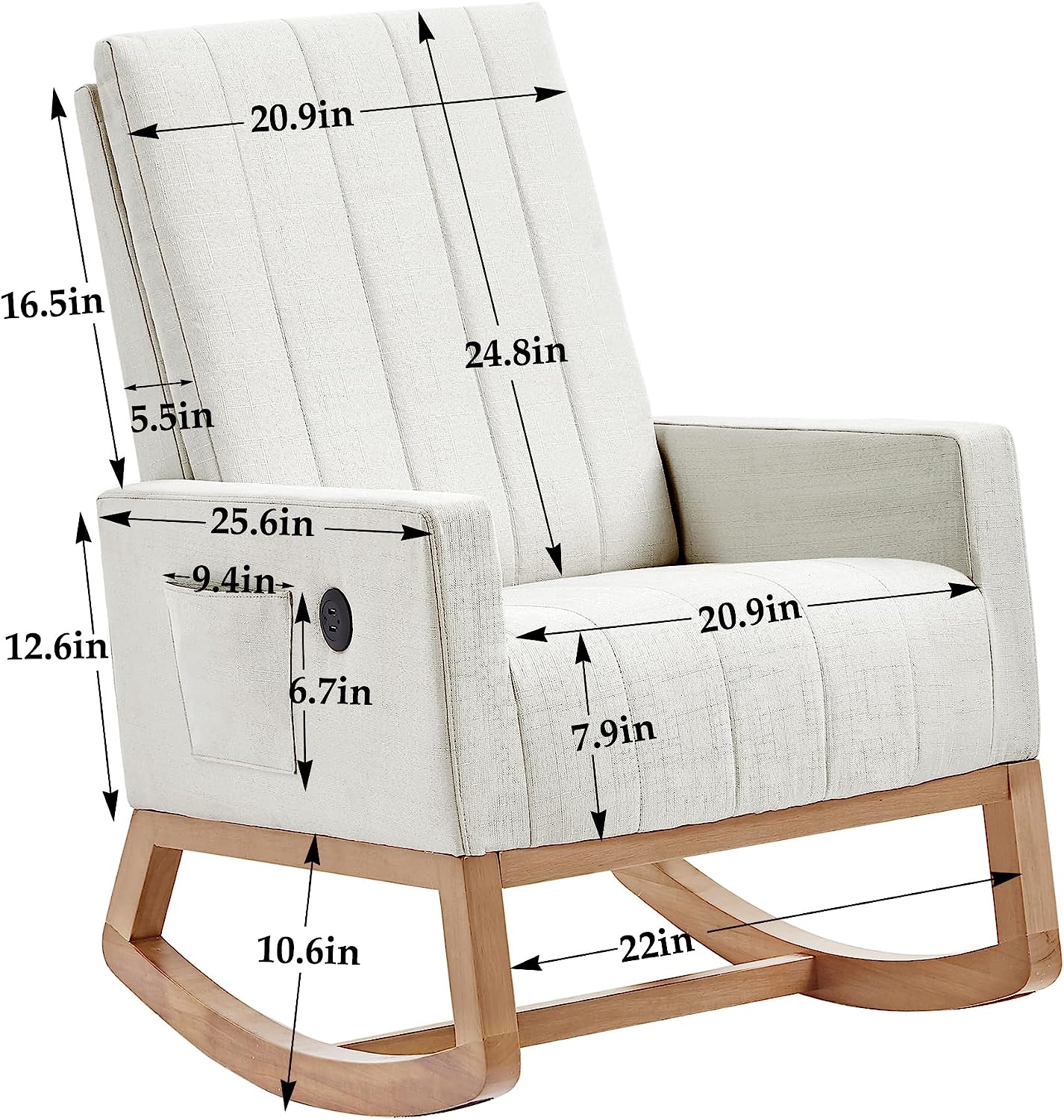 VECELO Rocking Chair Upholstered Nursery Glider Rocker High Backrest Comfy Armchair with Side Pocket and USB Port - VECELO