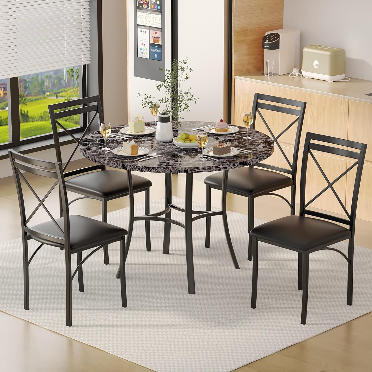 VECELO 36" Round Dining Table for 4, Faux Marble Dinette with Metal Frame for Kitchen - VECELO