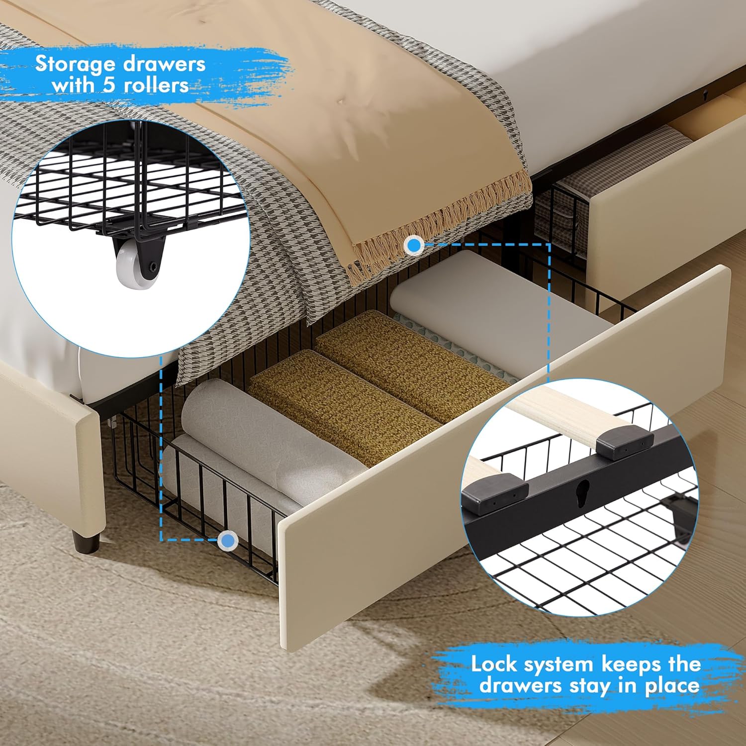 VECELO Upholstered Bed Frame with 4 Storage Drawers and Adjustable Velvet Headboard