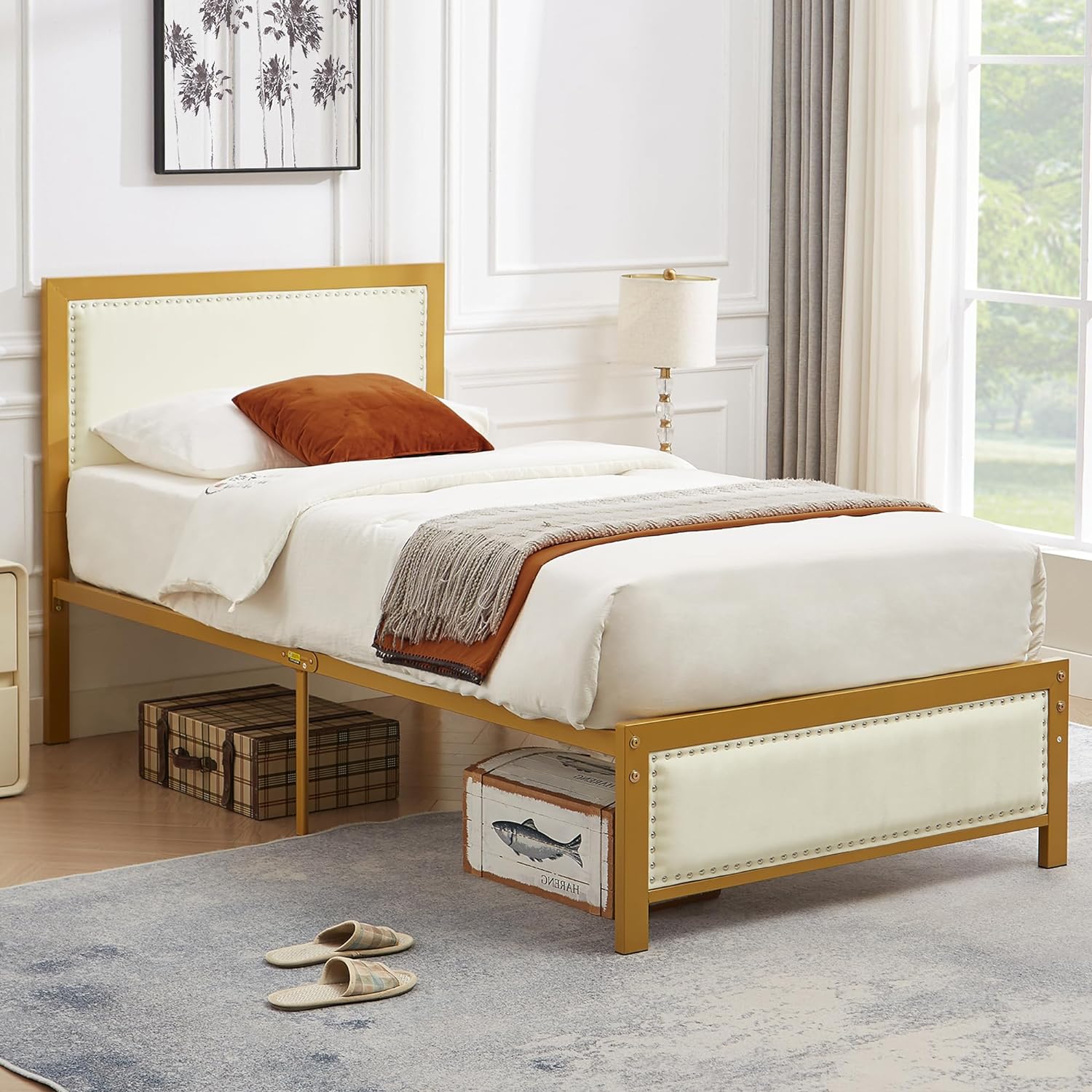 VECELO Bed Frame with Linen Fabric Headboard and Footboard No Box Spring Needed - VECELO