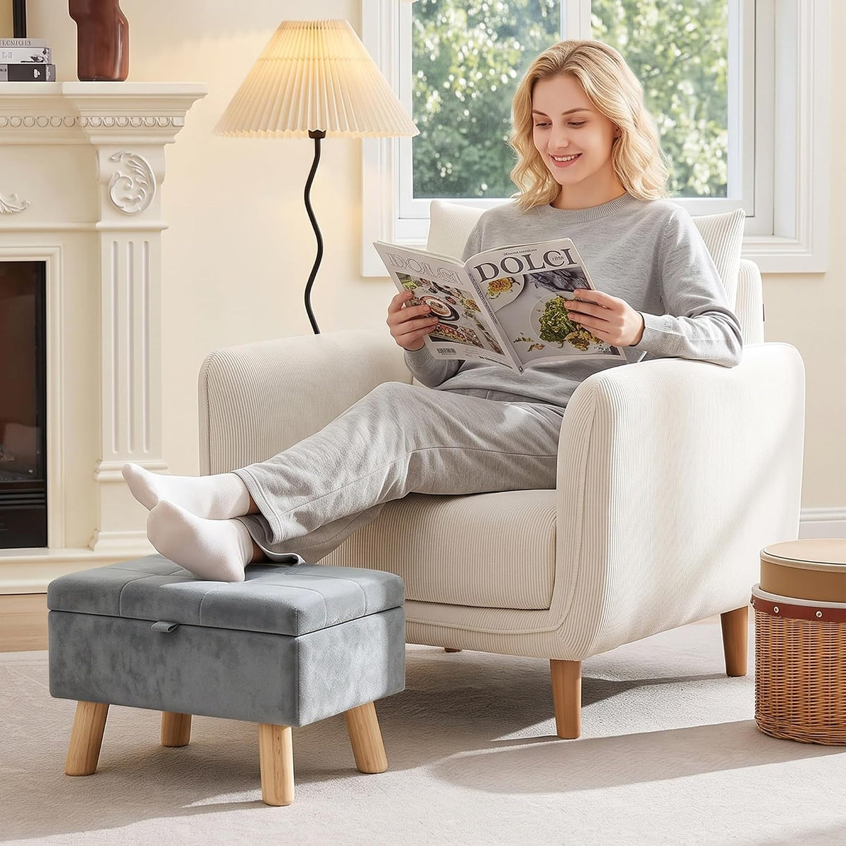 VECELO Storage Ottoman Under Desk  Small Foot Stool with Wood Legs