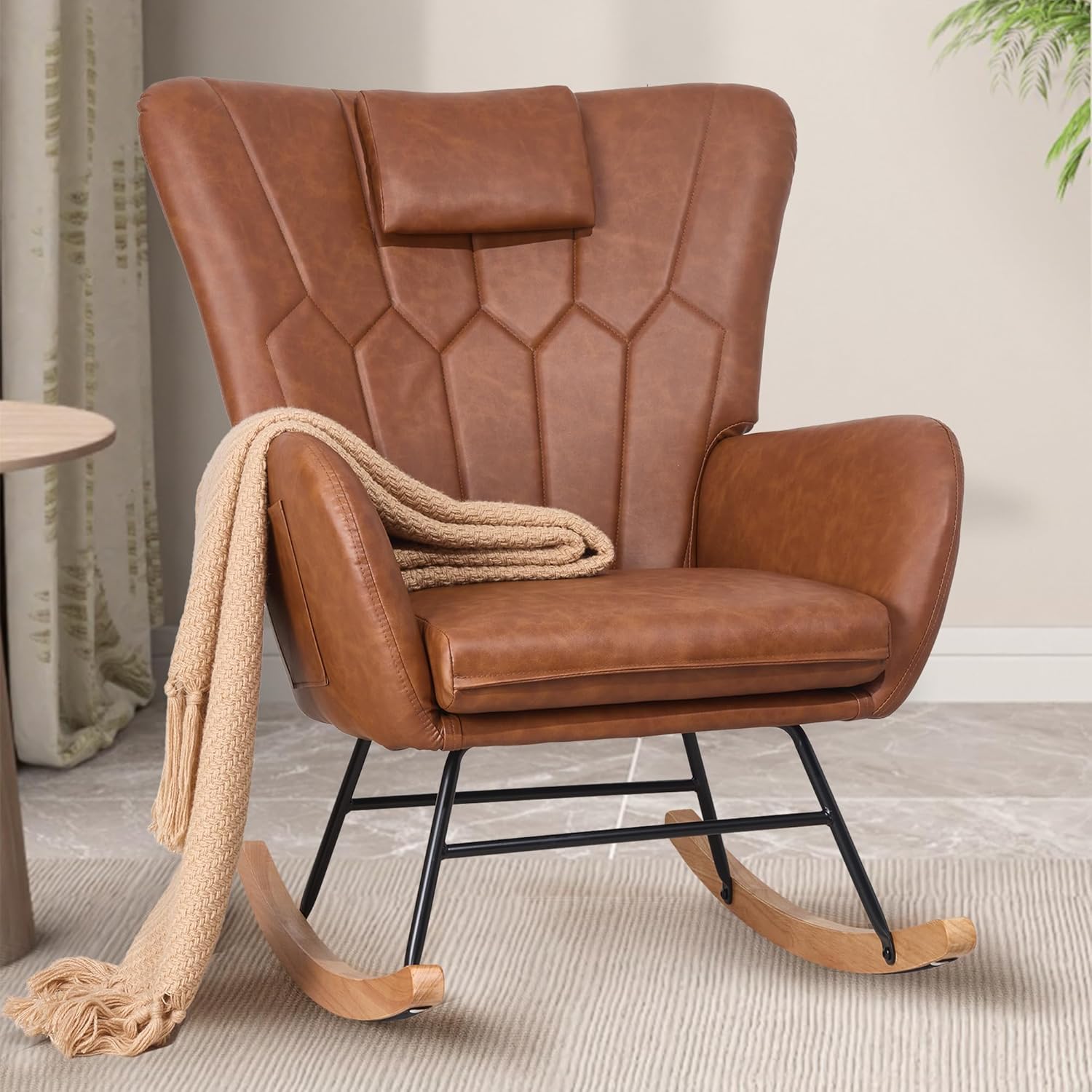 VECELO Rocking Chair Nursery with Thick Headrest, Modern Teddy Upholstered Reading Glider Rocker Accent Armchair with High Backrest