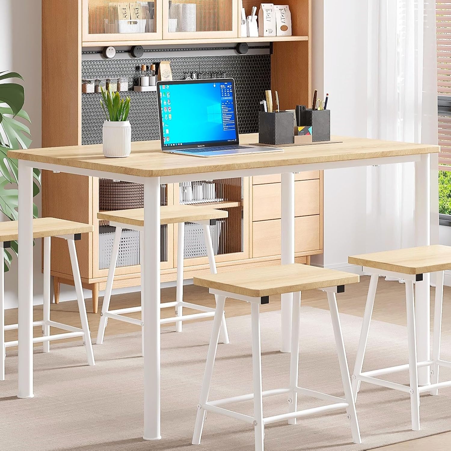 VECELO 5-Piece Dining Table Set Metal and Wood Kitchen Furniture with 4 Stools