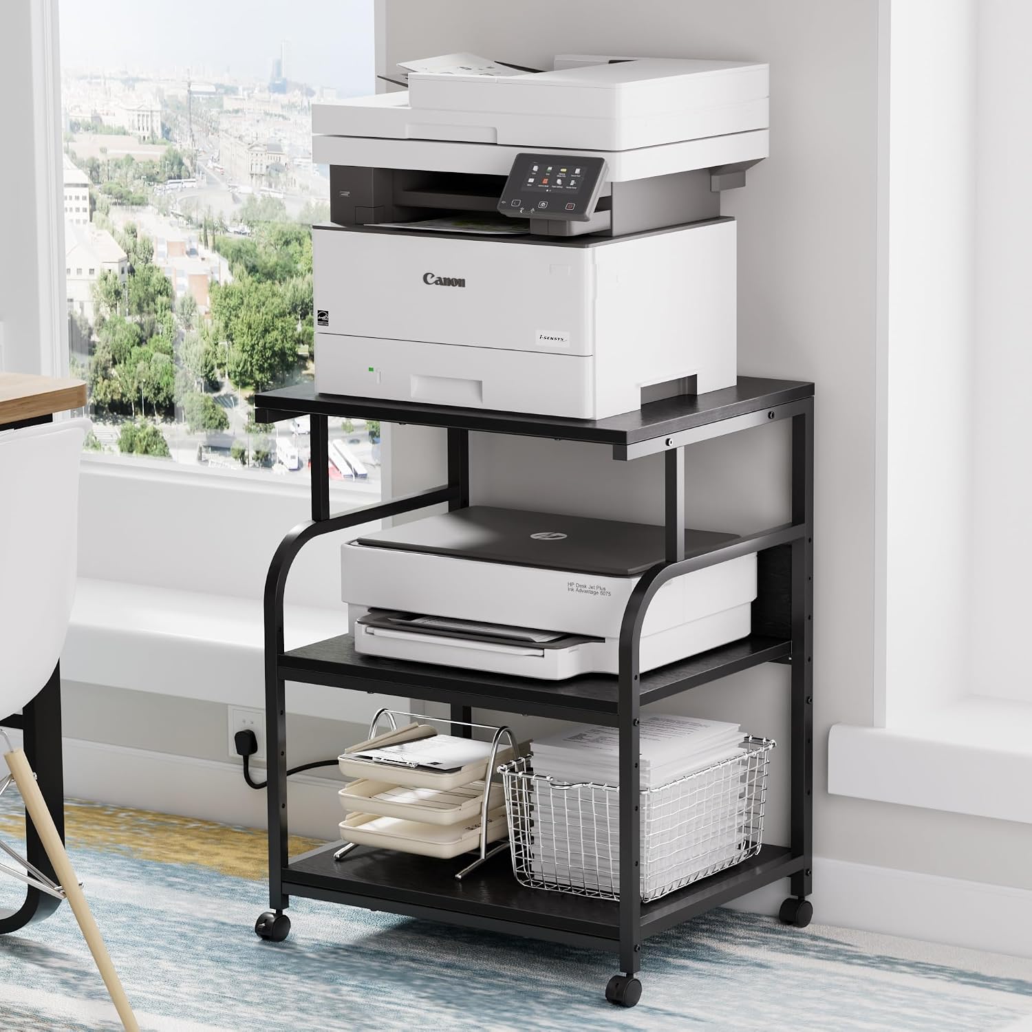 VECELO Adjustable Large Printer Stand with Power Outlet, 3-Tier Heavy Duty Cart on Lockable Wheels