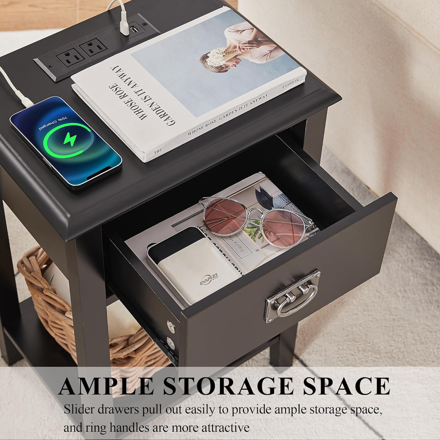 VECELO Nightstand Set of 2 with Charging Station