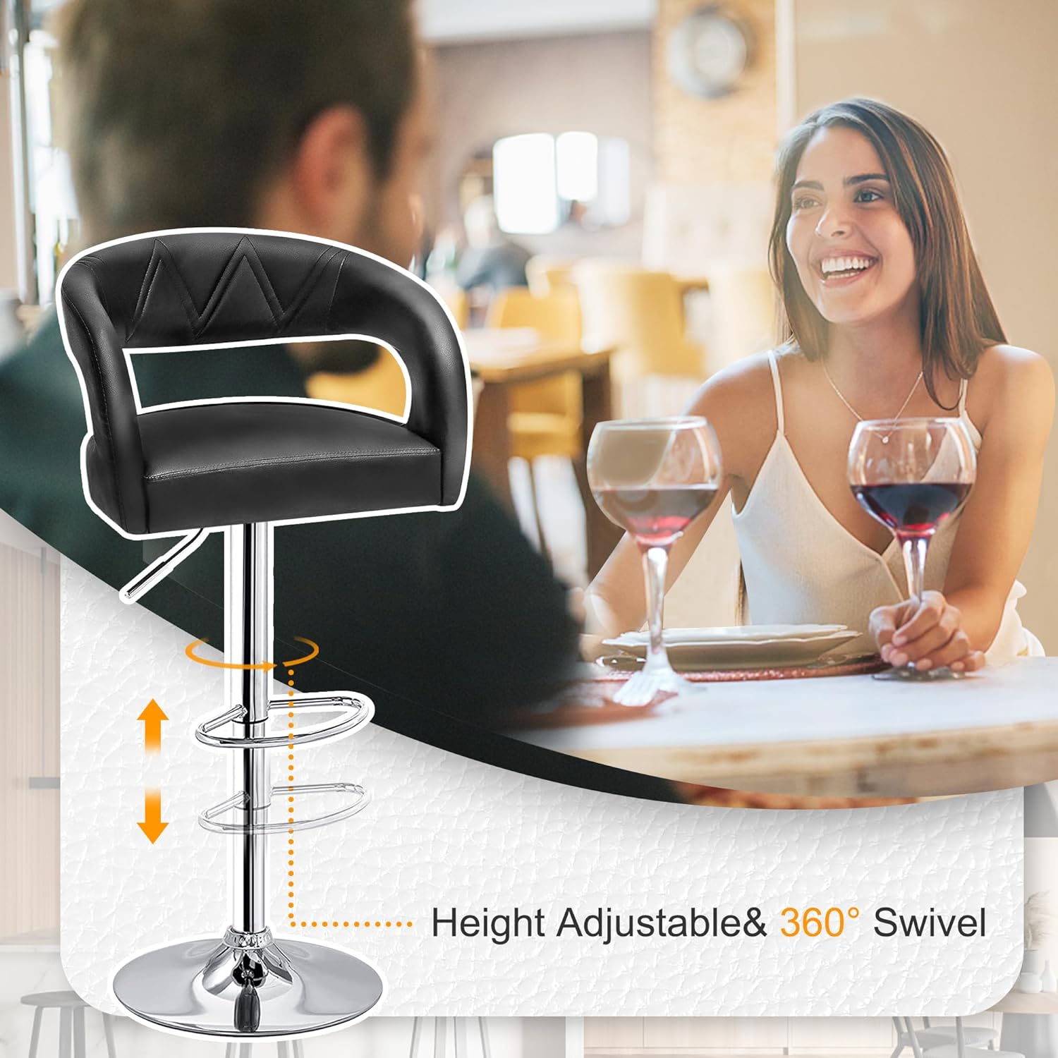 VECELO Bar Stools Set of 2 Adjustable Swivel Modern Pu Leather Barstools - VECELO