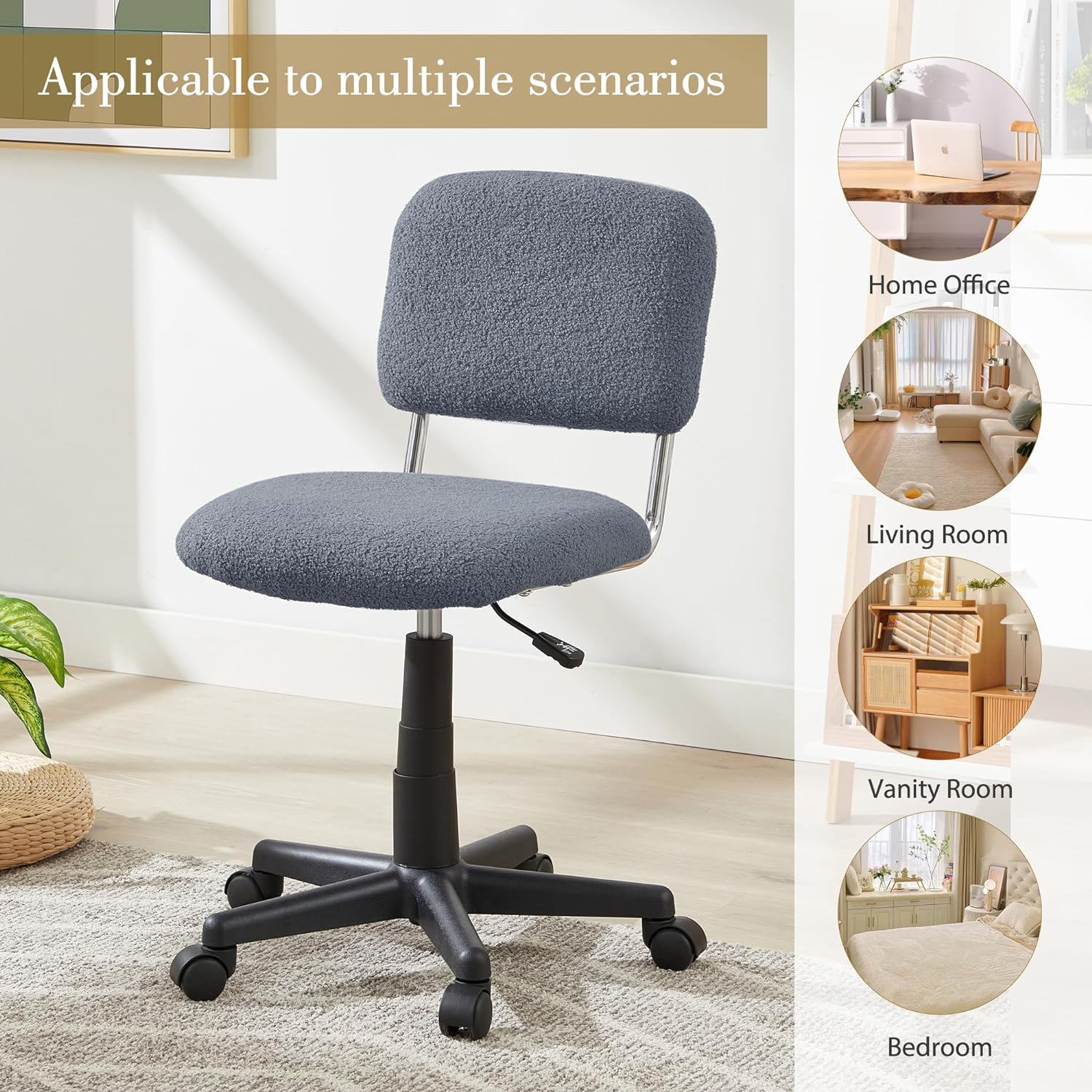 VECELO Faux Fur Comfy Height Adjustable Swivel Armless Home Office Sherpa Chair