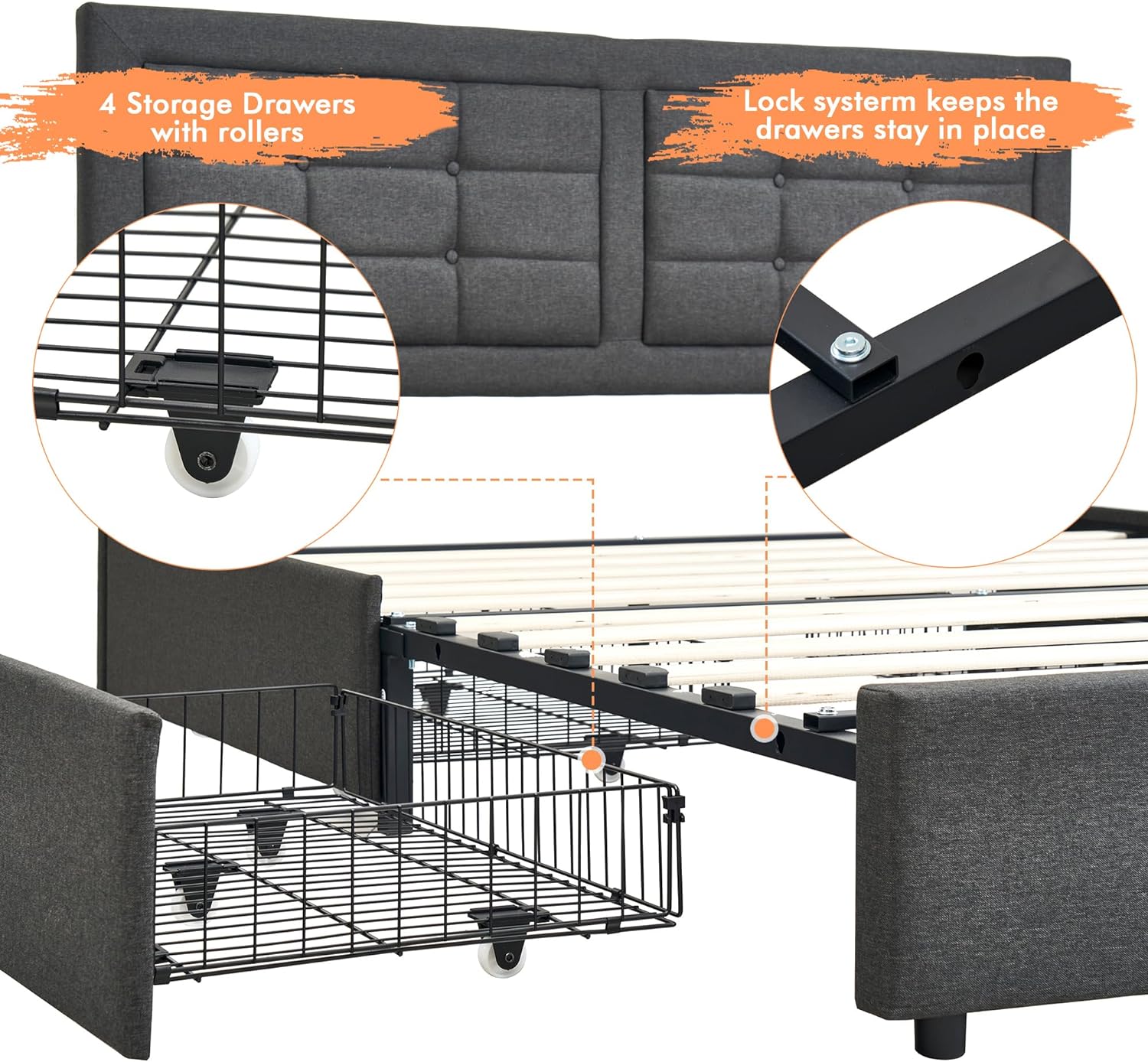 VECELO Bed Frame with 4 Drawers, Adjustable Tufted Button Headboard - VECELO