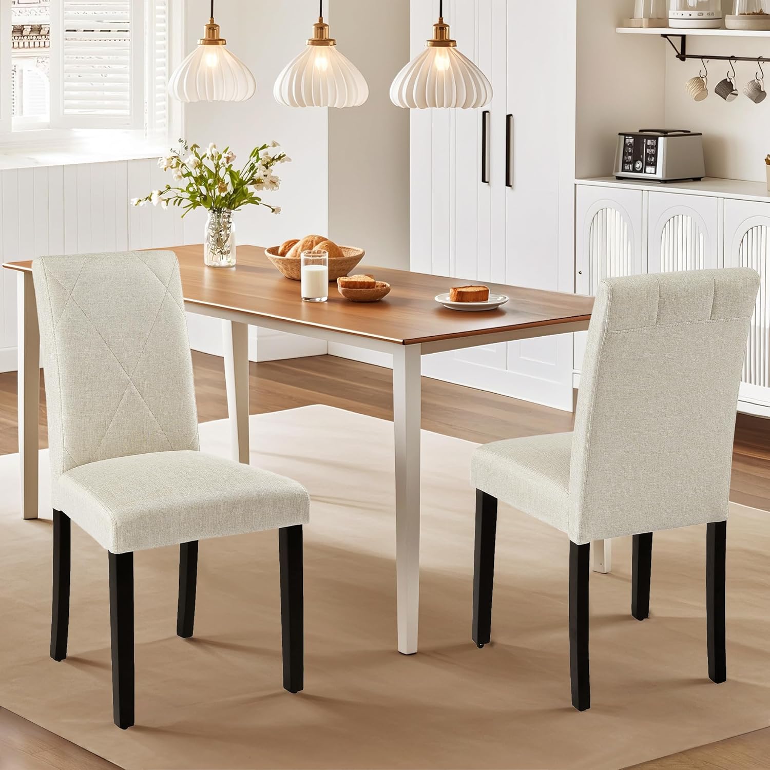 VECELO Upholstered Dining Chairs Set of 2 Modern Fabric and High Back & Solid Wood Legs for Kitchen