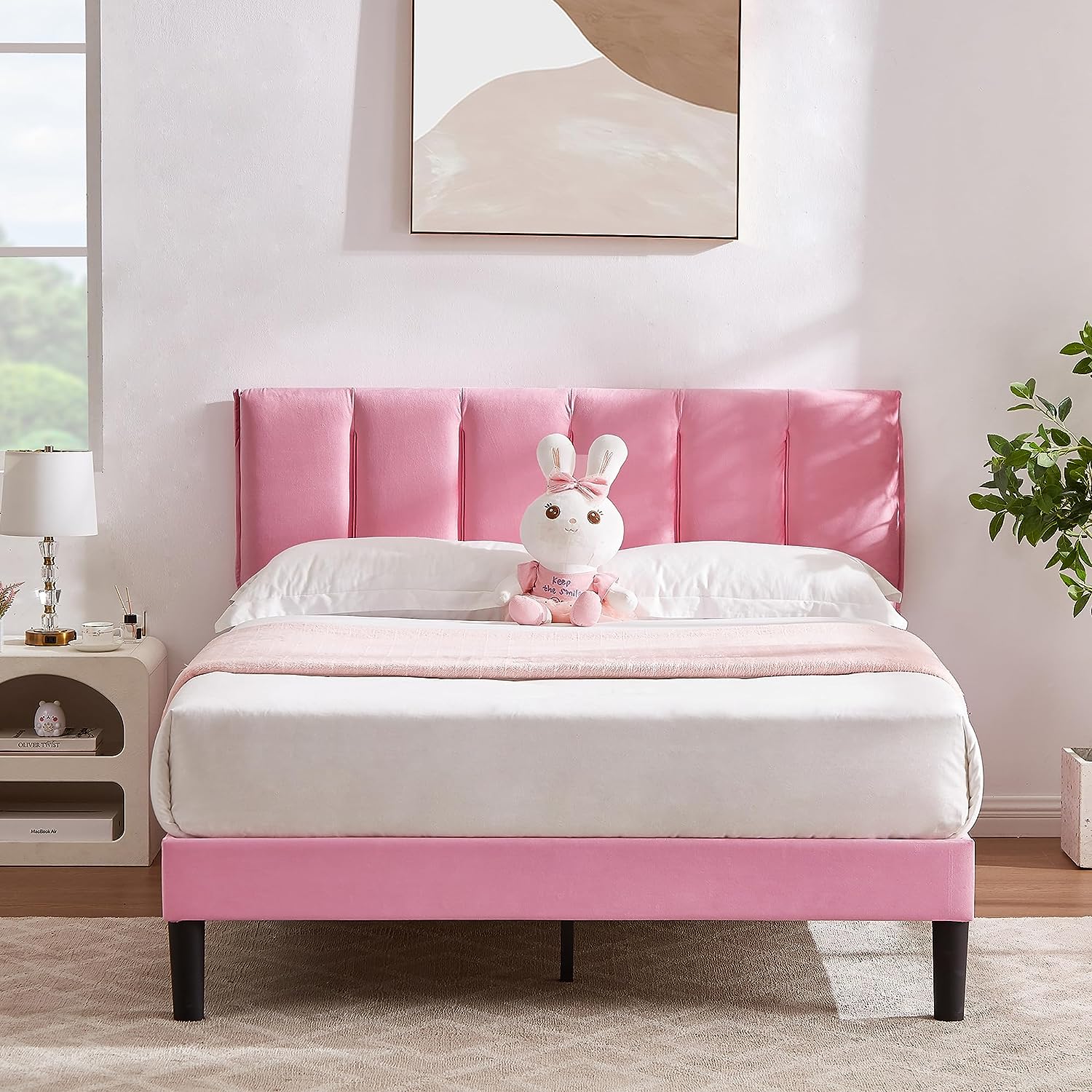 VECELO Modern Upholstered Platform Bedframe, Adjustable Headboard