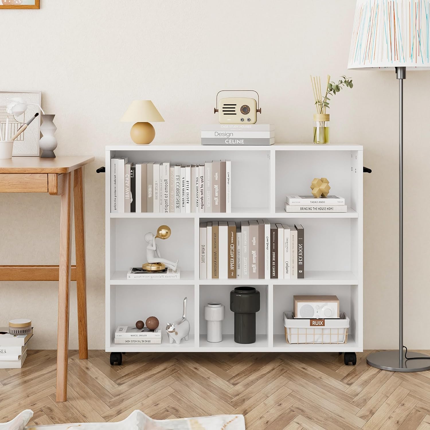 VECELO Book Cart, Library Wood Rolling Book Truck with Lockable Wheels, for Home Office, White - VECELO