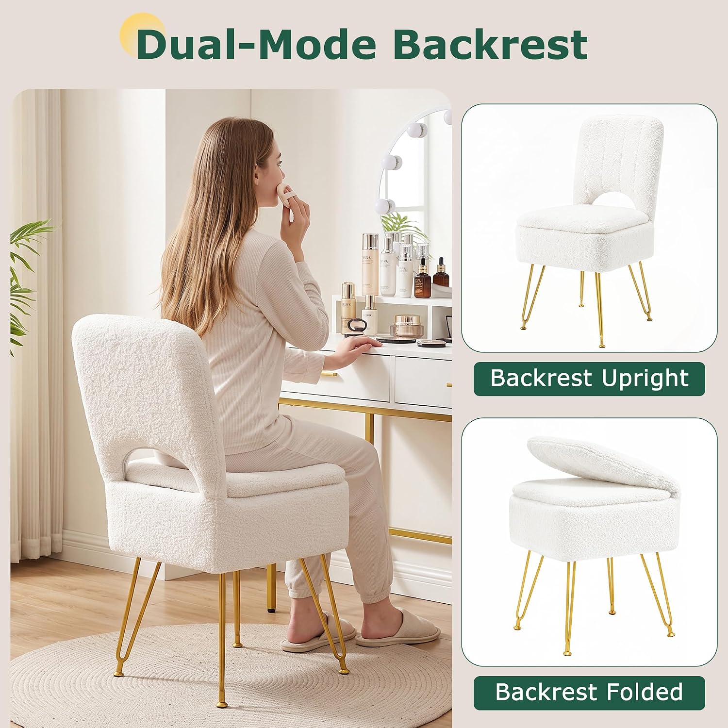 VECELO White Vanity Stool Chair with Storage and Folding Back