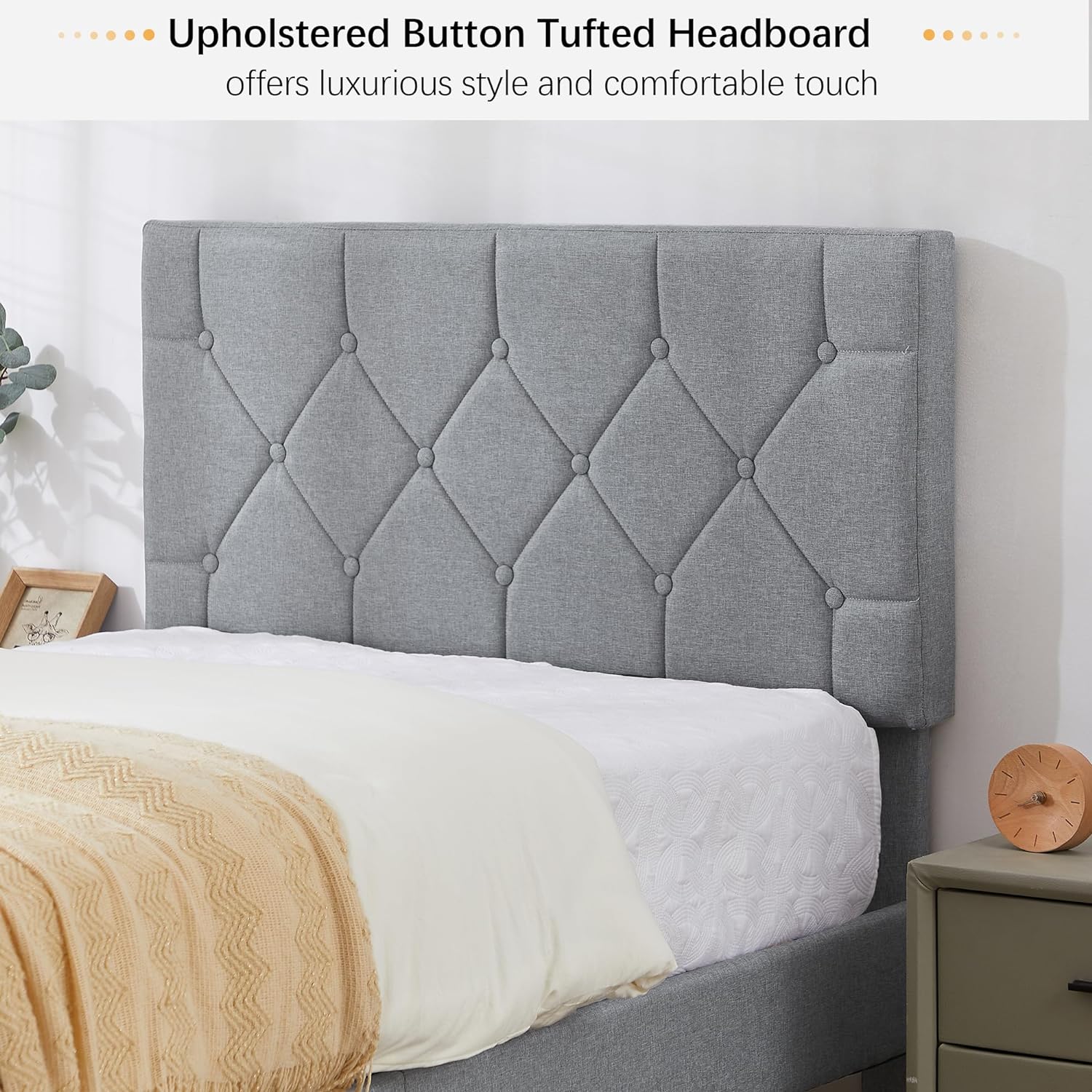 VECELO Bed Frame, Upholstered Platform with Adjustable Diamond Tufted Headboard