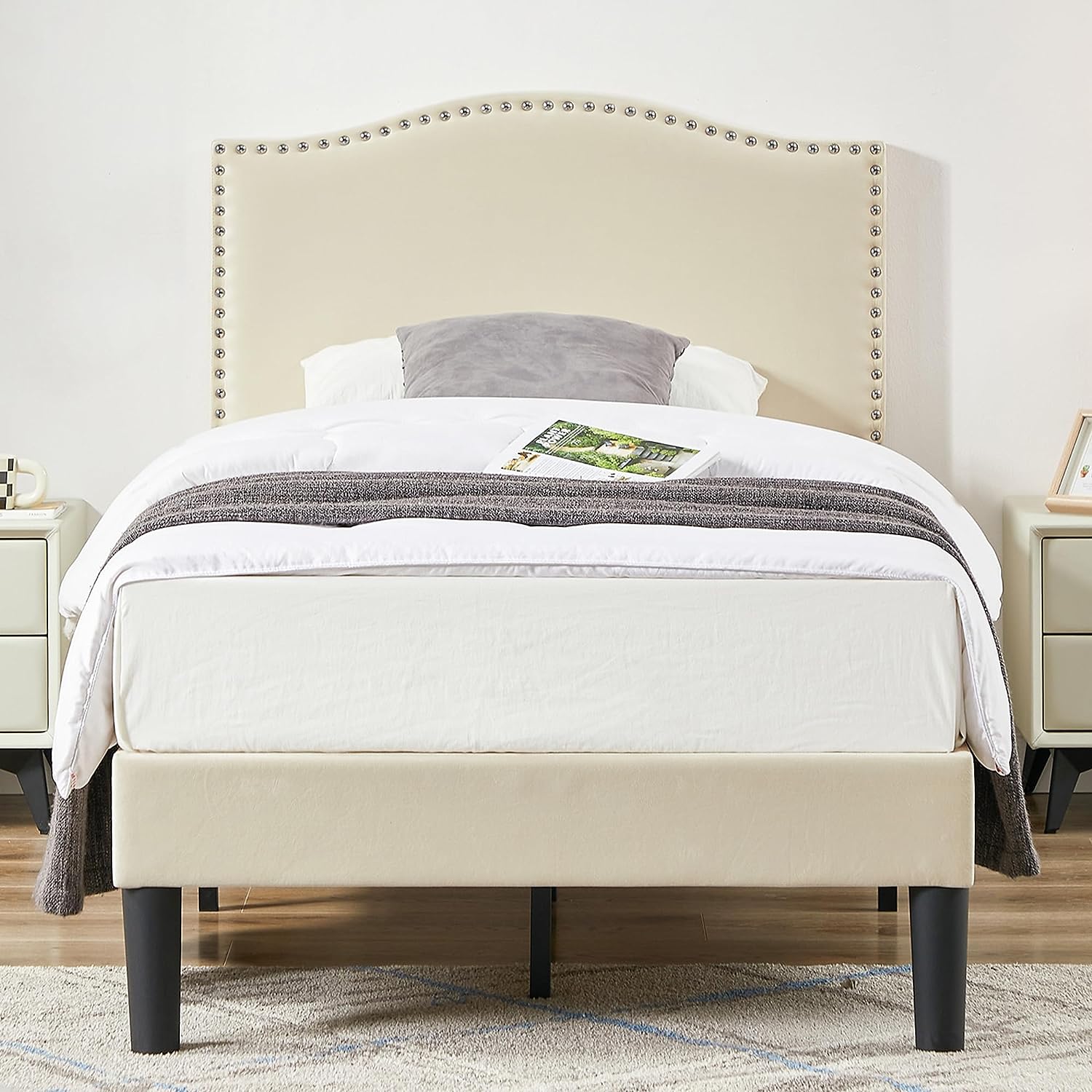 VECELO Bed Frame Platform with Upholstered Headboard & Wooden Slats Support - VECELO