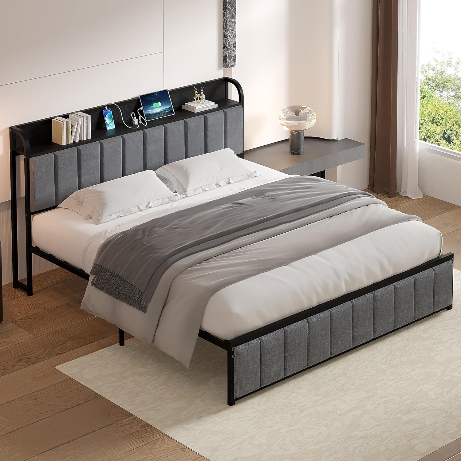 VECELO Twin Bed Frame, Storage Upholstered Headboard with Charging Station