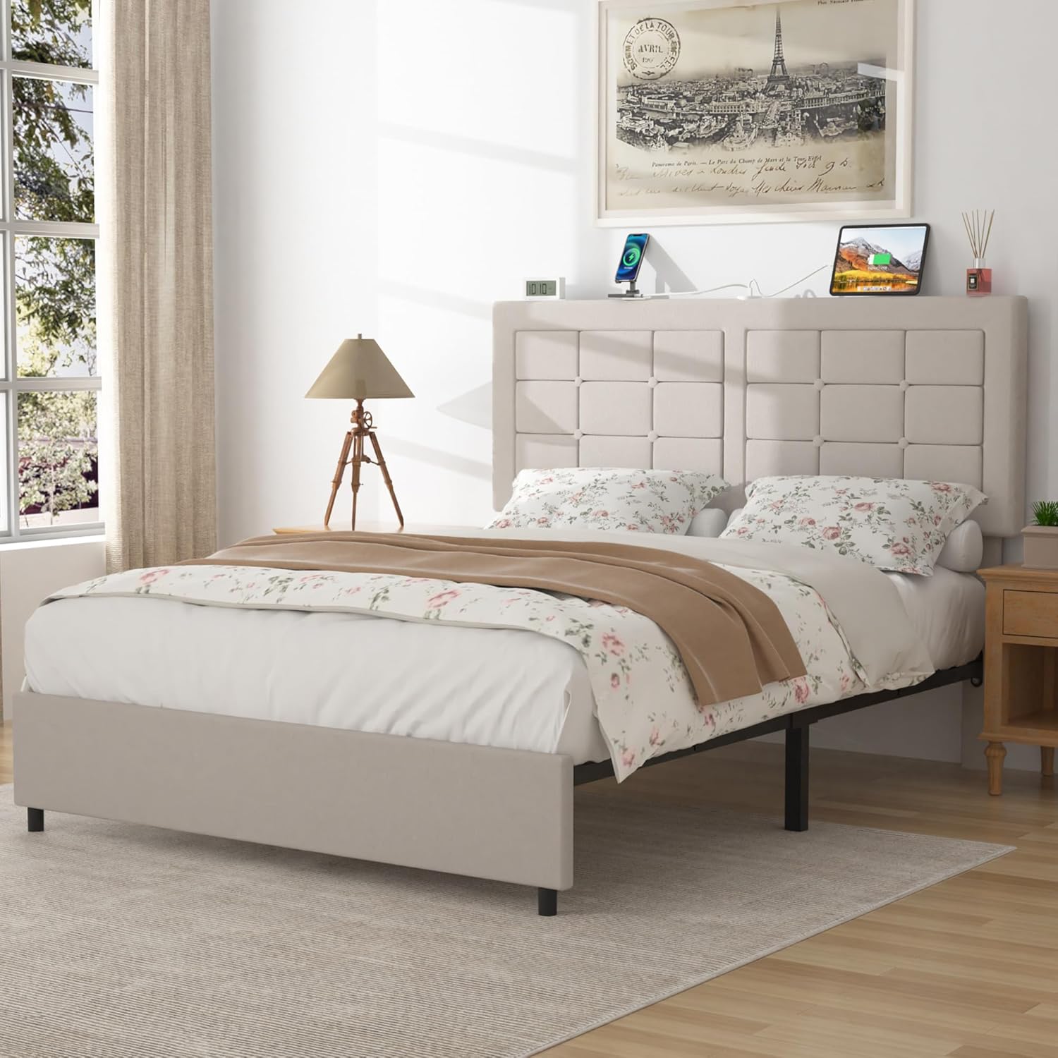 VECELO Bed Frame with 4 Drawers, Adjustable Tufted Button Headboard
