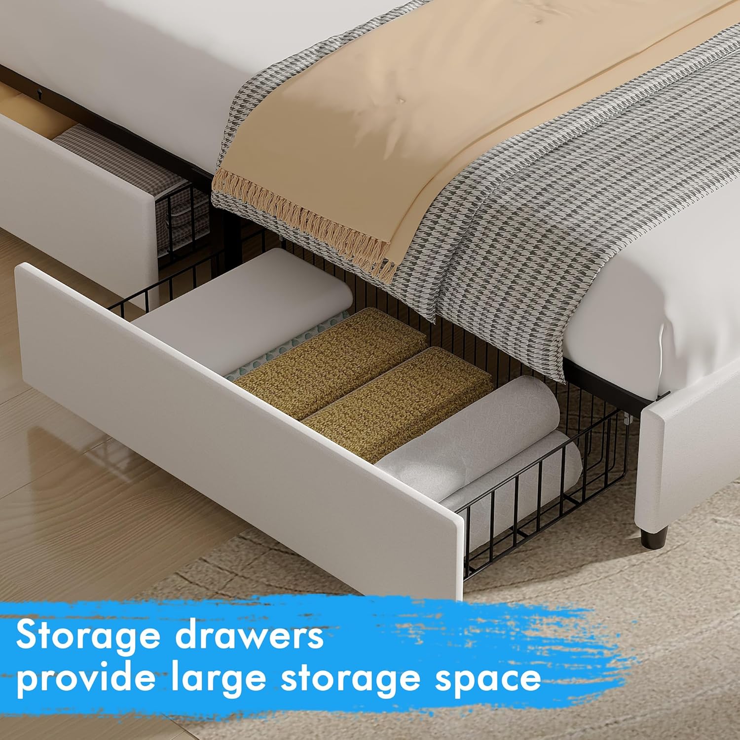 VECELO Upholstered Bed Frame with 4 Storage Drawers and Adjustable Velvet Headboard