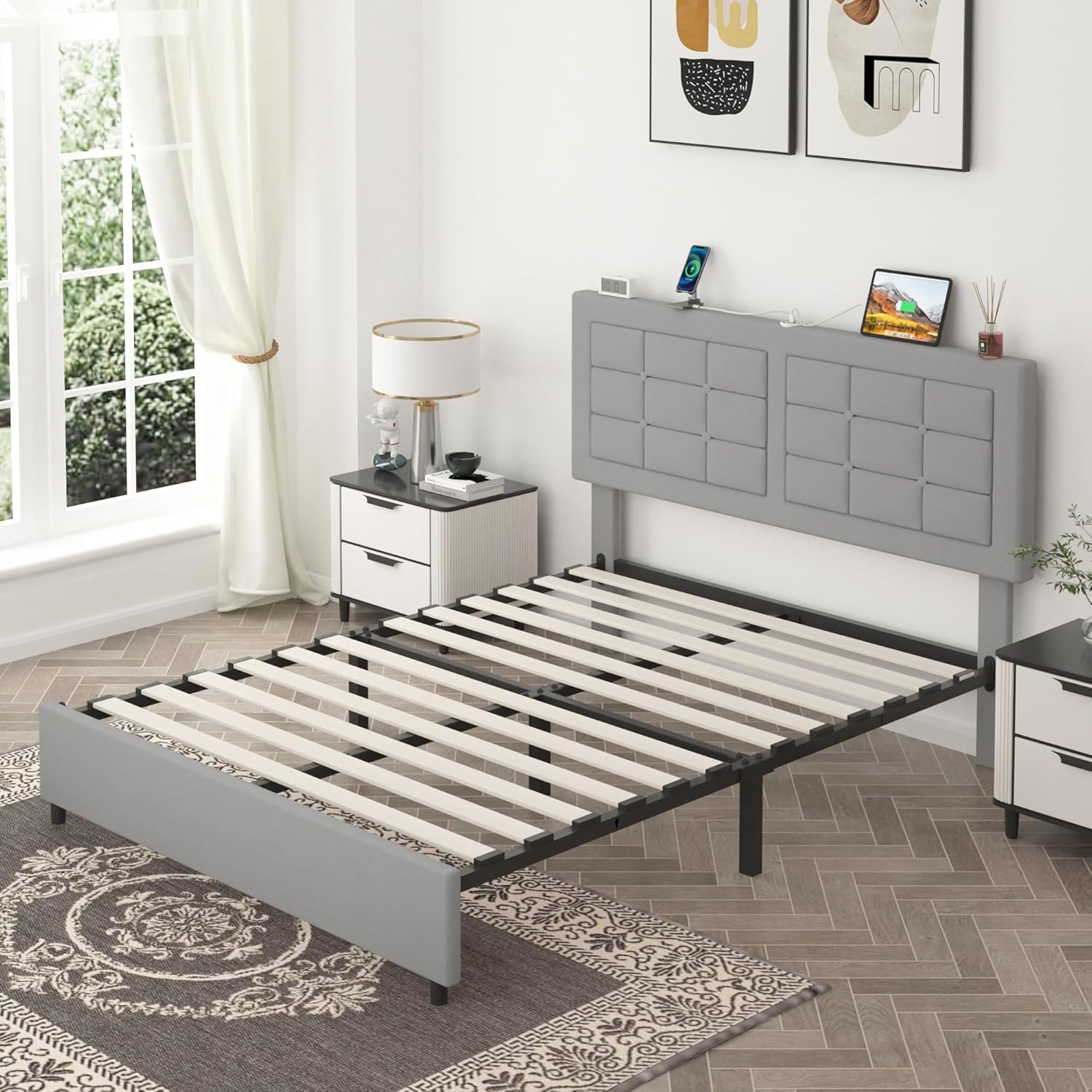 VECELO Bed Frame with 4 Drawers, Adjustable Tufted Button Headboard
