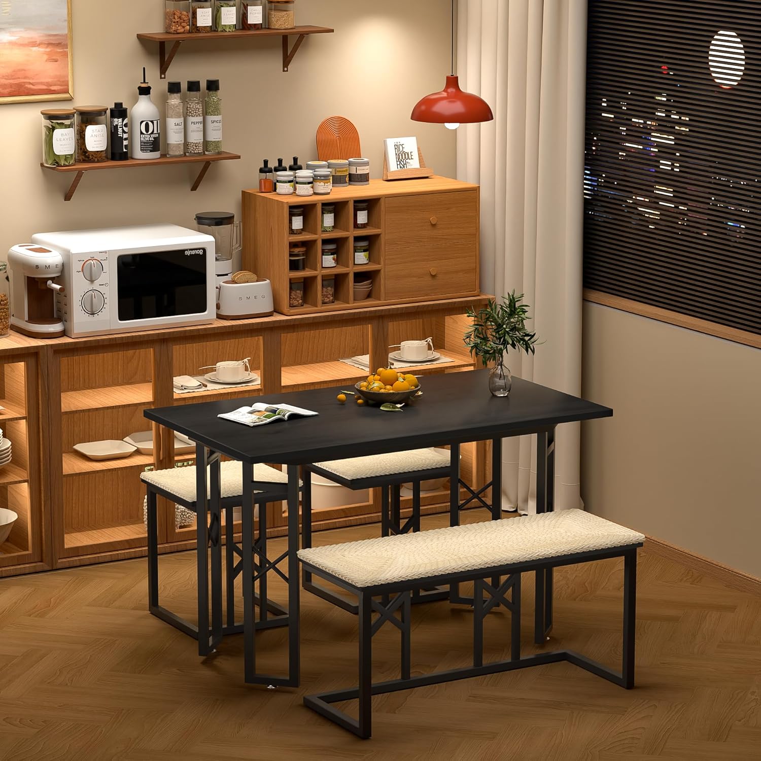 VECELO 43.3" Farmhouse Room Sets for 4 with 3 Benches Wicker-Knot Cushions - VECELO