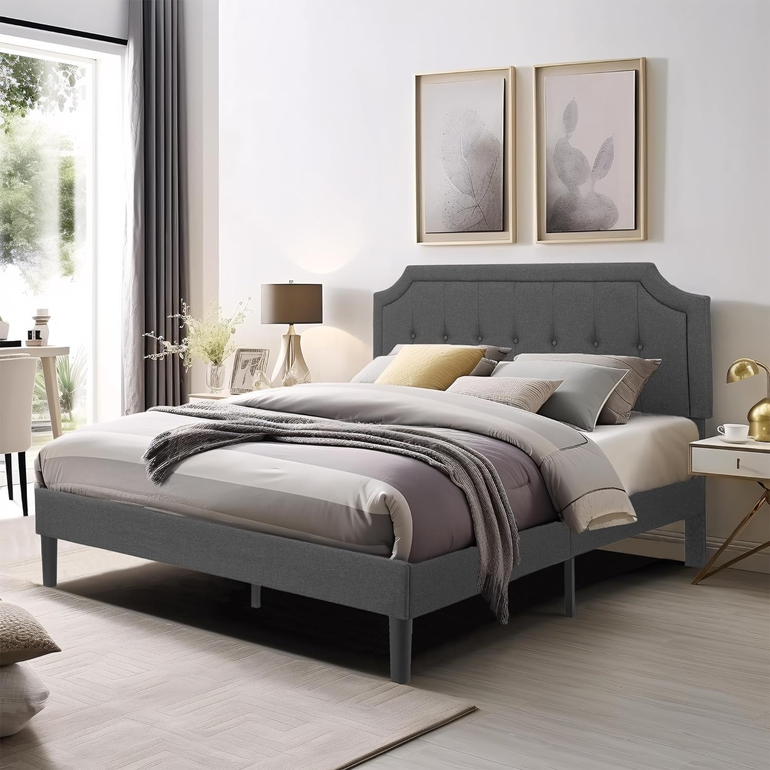 VECELO Premium Upholstered Platform Bed Diamond Stitched Panel Headboard