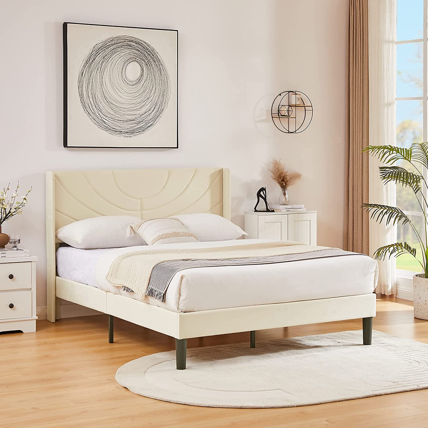VECELO Upholstered Platform Bed Frame with Adjustable Fabric Headboard