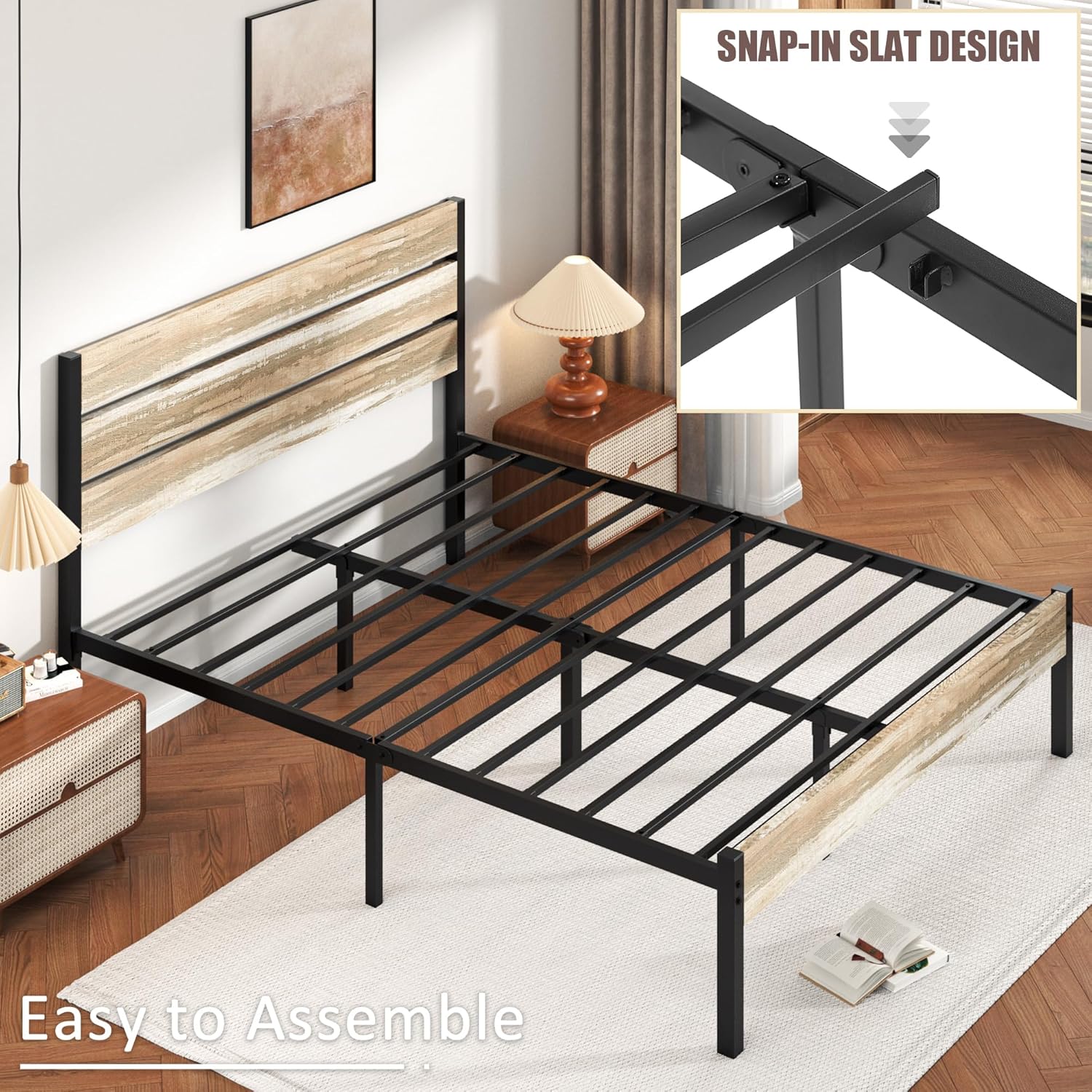 VECELO Platform Bed Frame with Rustic Vintage Wood Headboard/Strong Metal Slats Support