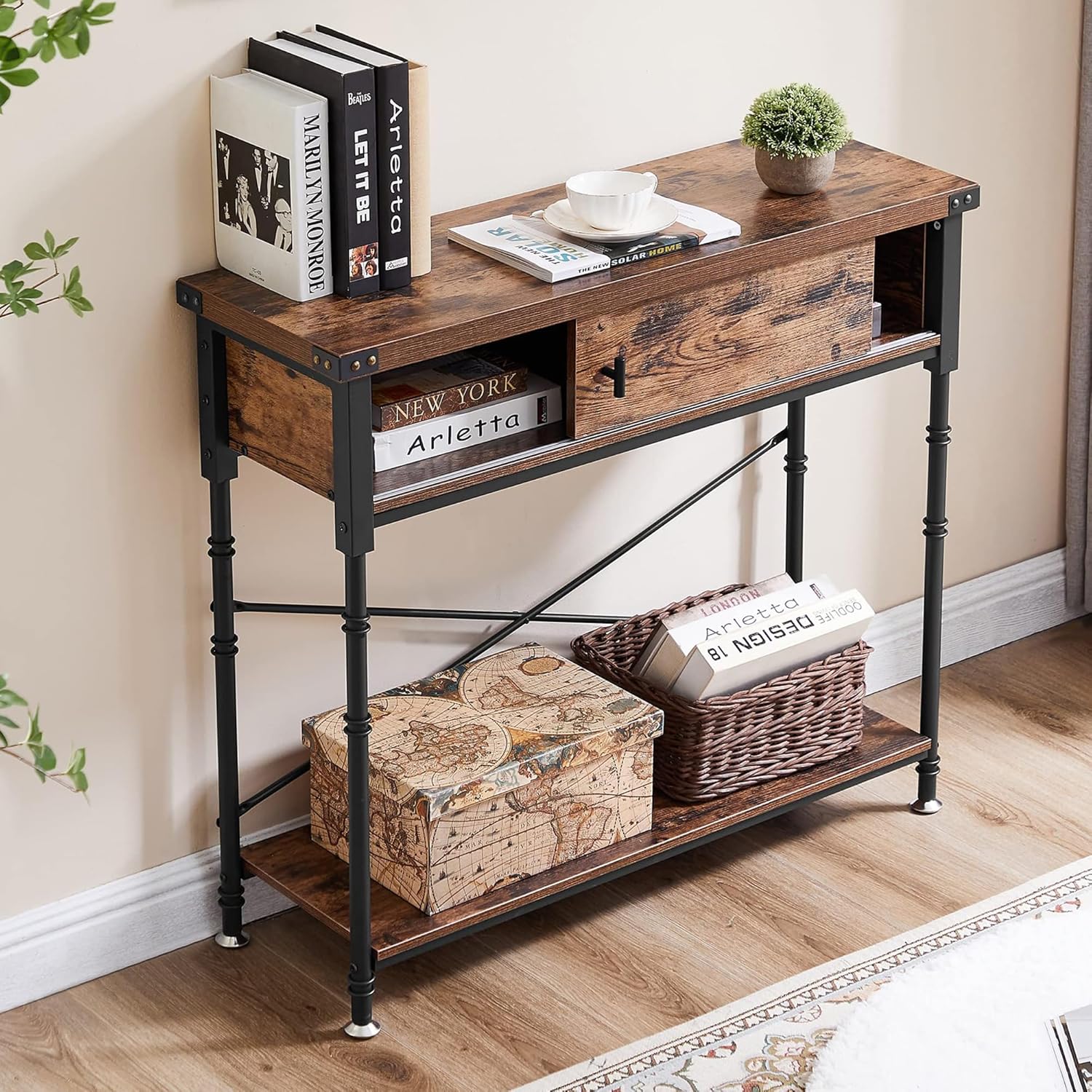 VECELO Console Table with Drawers, Narrow Wood Sofa Accent Furniture with Storage Shelf - VECELO