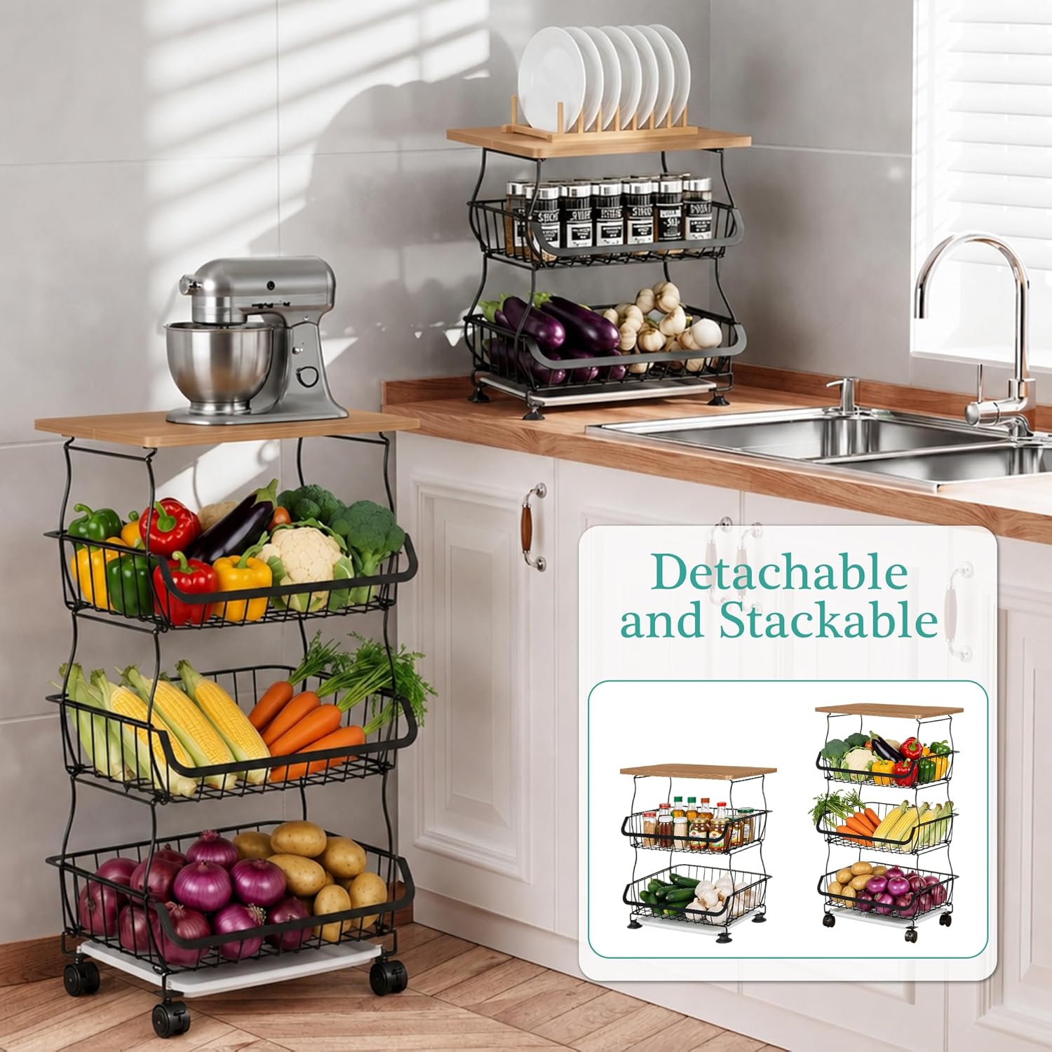 VECELO 4-Tier Fruit Basket with Wheels