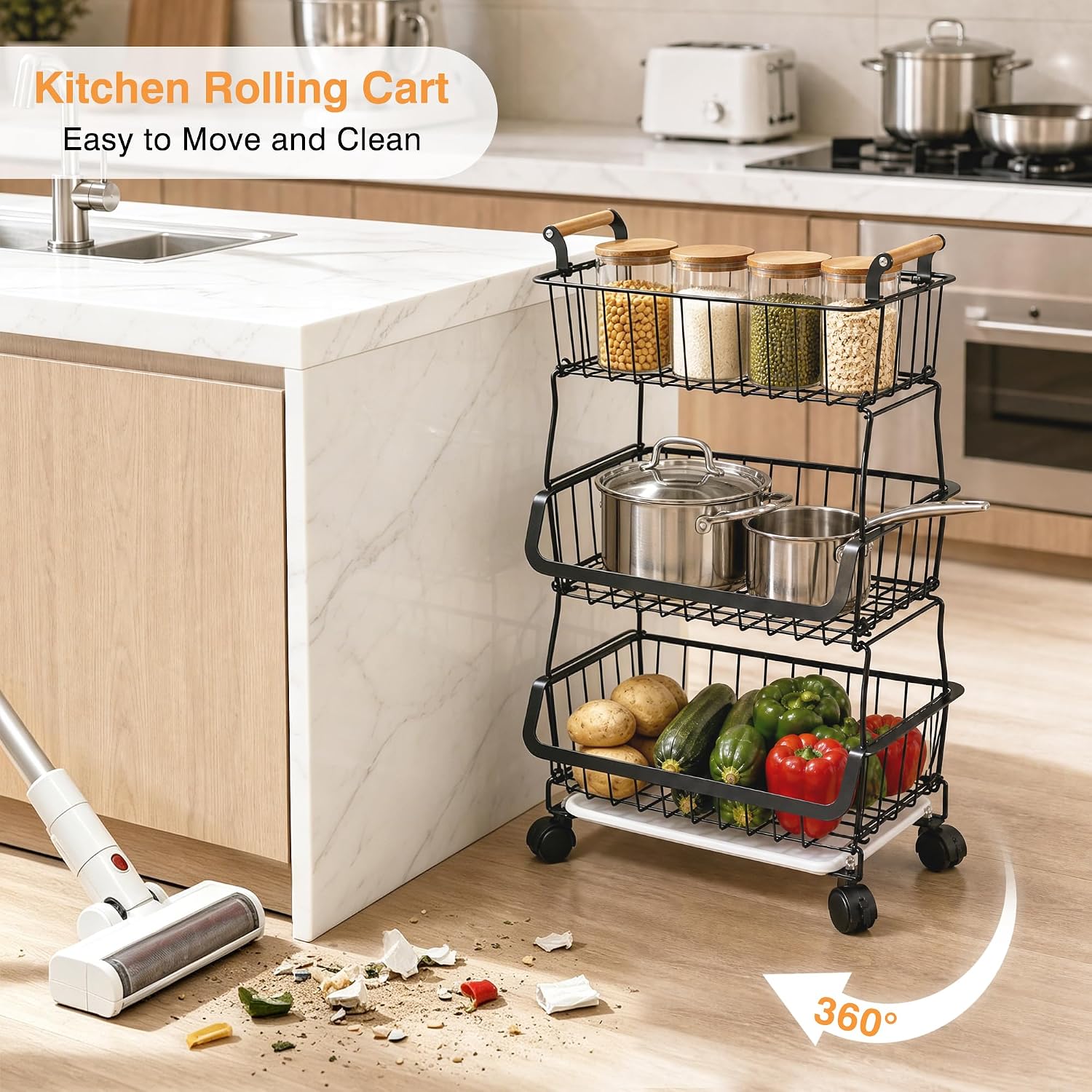 VECELO 3-Tier Fruit Basket with Wheels,