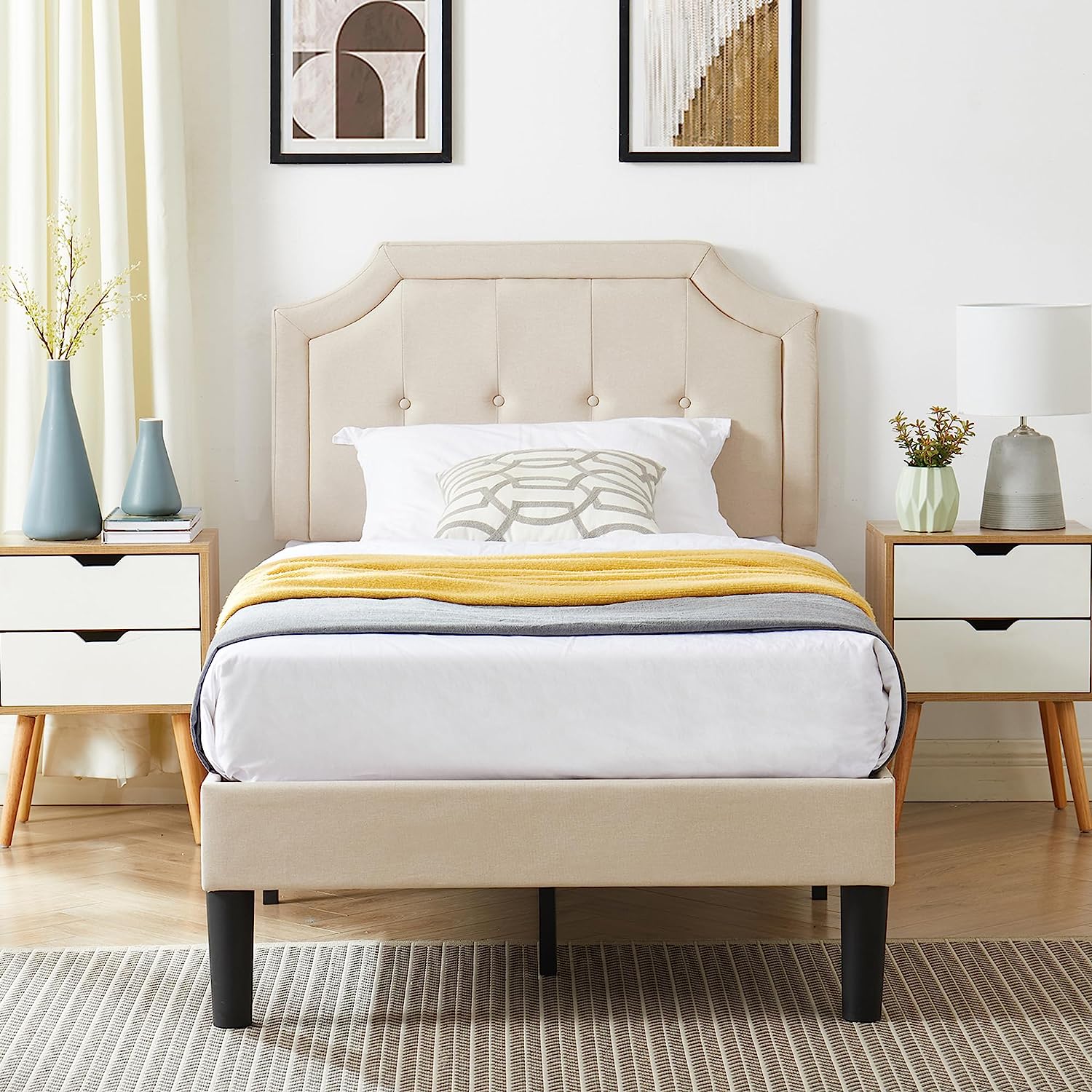 VECELO Premium Upholstered Platform Bed Diamond Stitched Panel Headboard