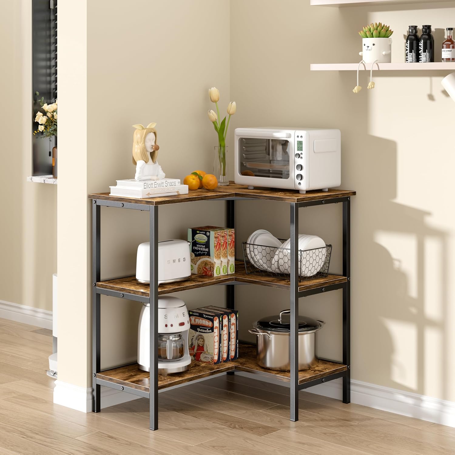 VECELO Corner Cabinet Table with 3 Tier Open Shelf, Multipurpose Display Organizer Storage Stand