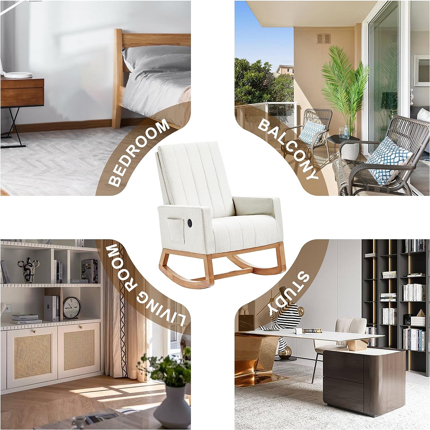 VECELO Rocking Chair Upholstered Nursery Glider Rocker High Backrest Comfy Armchair with Side Pocket and USB Port - VECELO