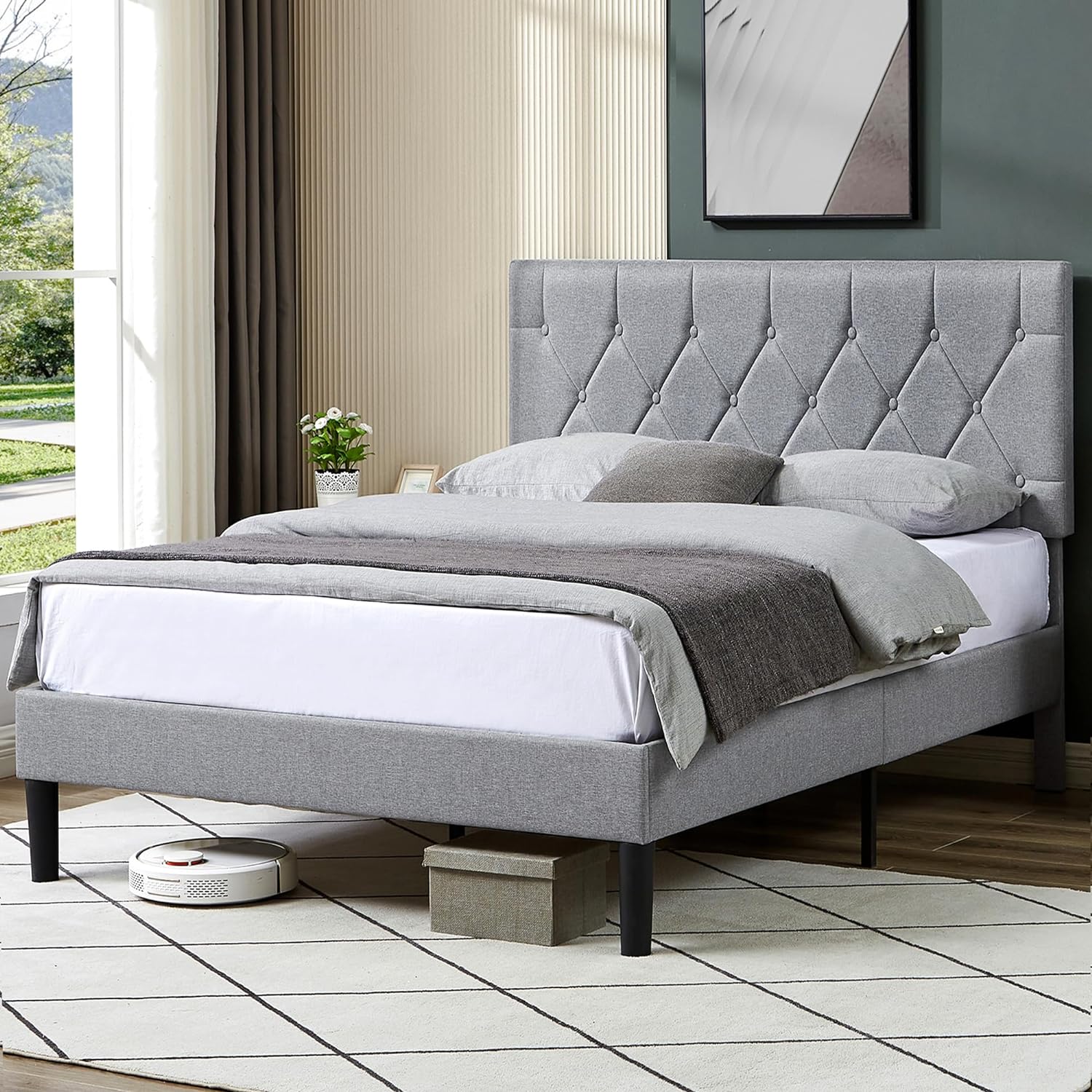 VECELO Bed Frame, Upholstered Platform with Adjustable Diamond Tufted Headboard