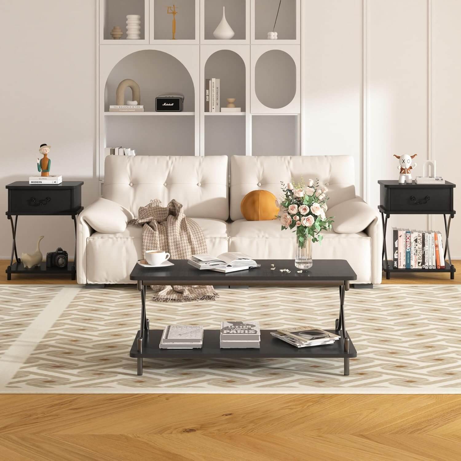 VECELO 39-Inch Coffee Table with Storage and Open Shelves - VECELO