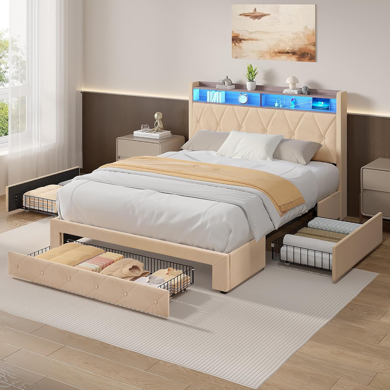 VECELO Velvet Queen Size Upholstered Bed Frame with Headboard