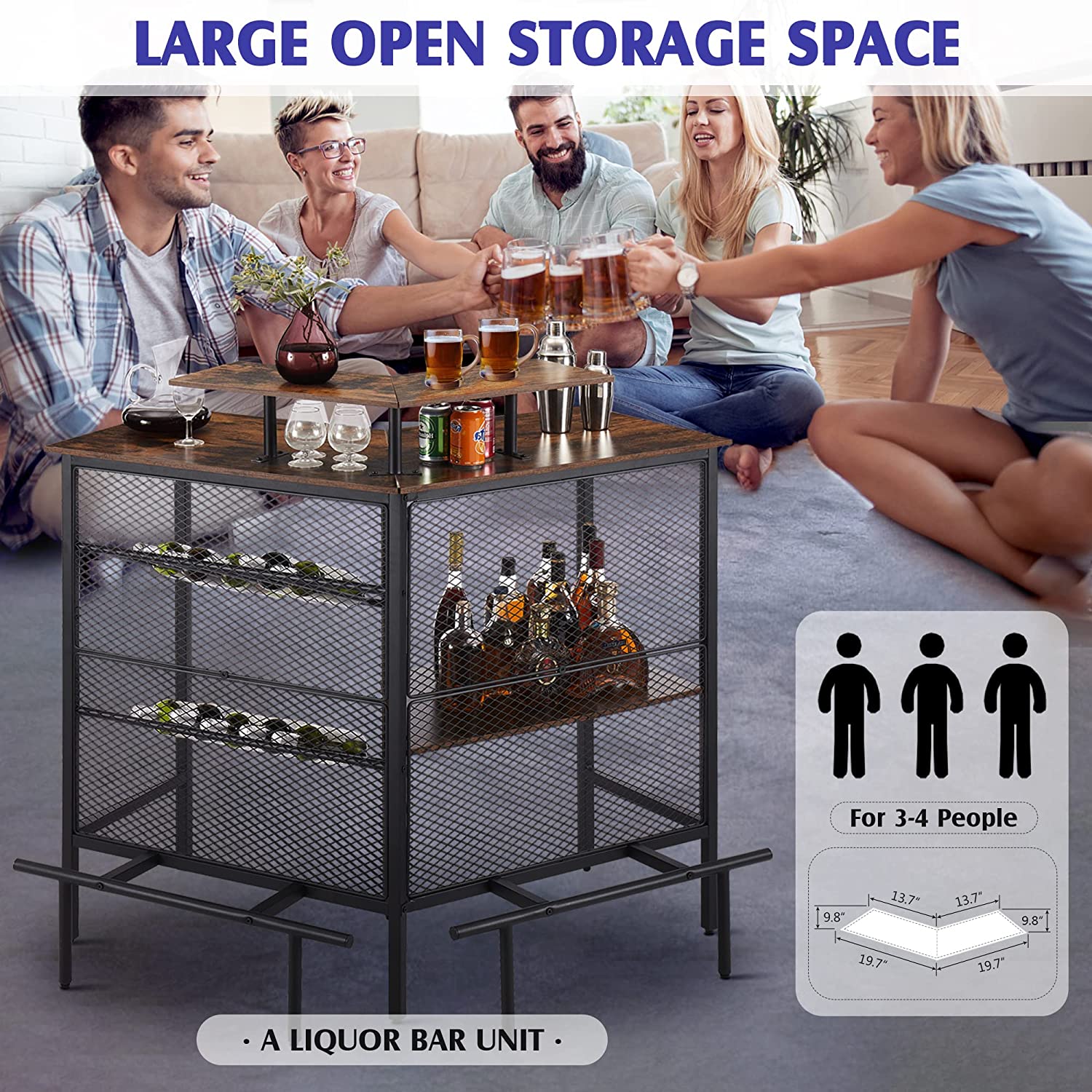 VECELO Bar Unit, 3 Tier Liquor Cabinet with Metal Mesh Front - VECELO