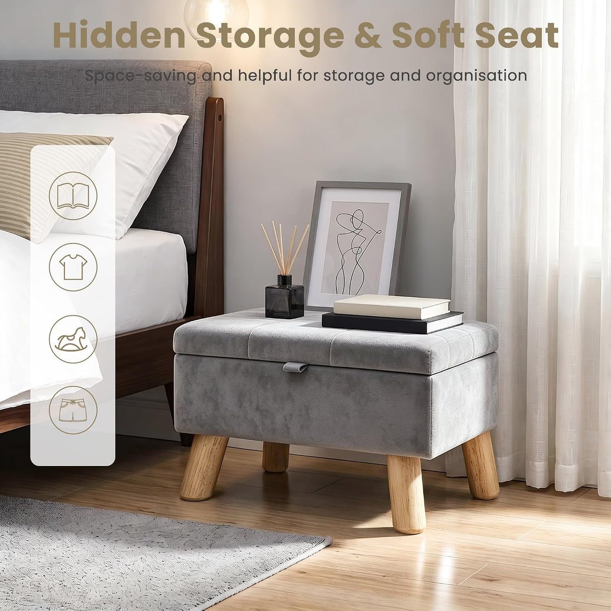 VECELO Storage Ottoman Under Desk  Small Foot Stool with Wood Legs
