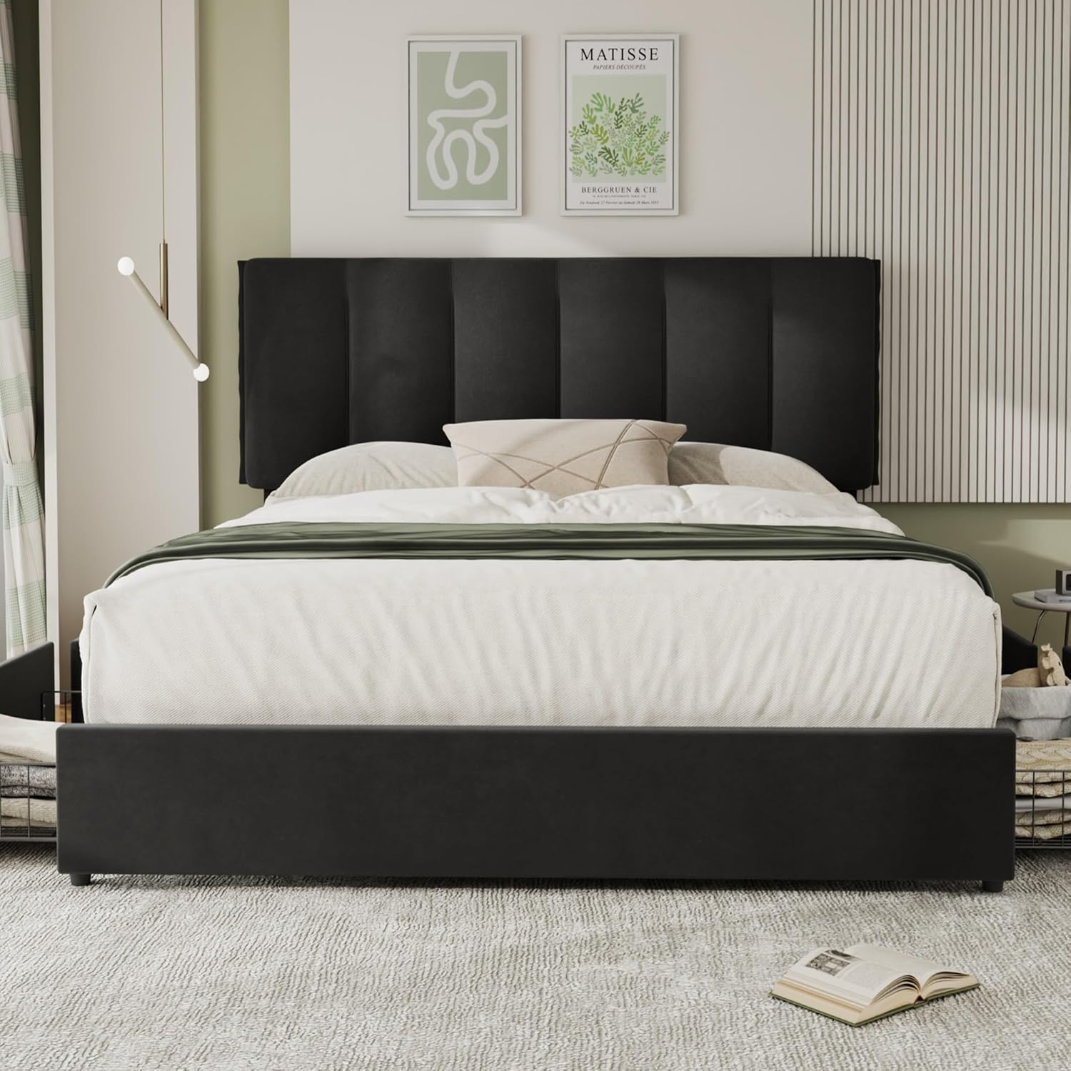 VECELO Upholstered Bed Frame with 4 Storage Drawers and Adjustable Velvet Headboard