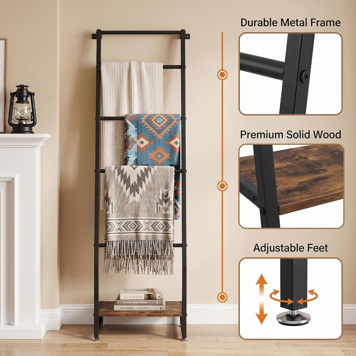 VECELO Blanket Ladder 5‑Tier Metal Ladder Shelf with Bottom Storage Shelf for Living Room and Bedroom
