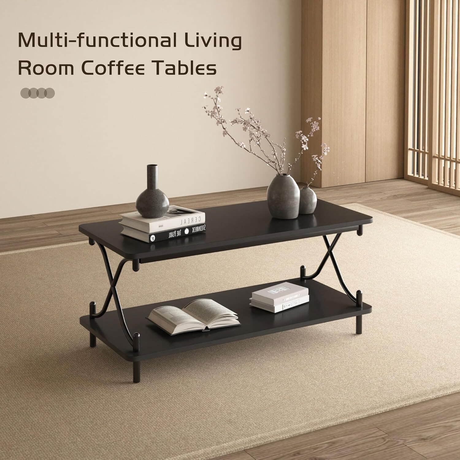 VECELO 39-Inch Coffee Table with Storage and Open Shelves - VECELO