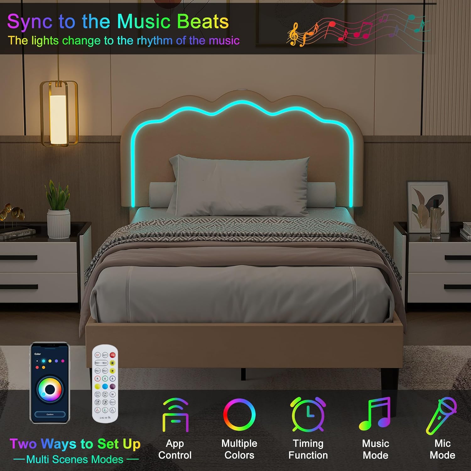 VECELO Upholstered Velvet Platform Bed Frame with Headboard Adjustable, LED Lights, USB-A & Type-C