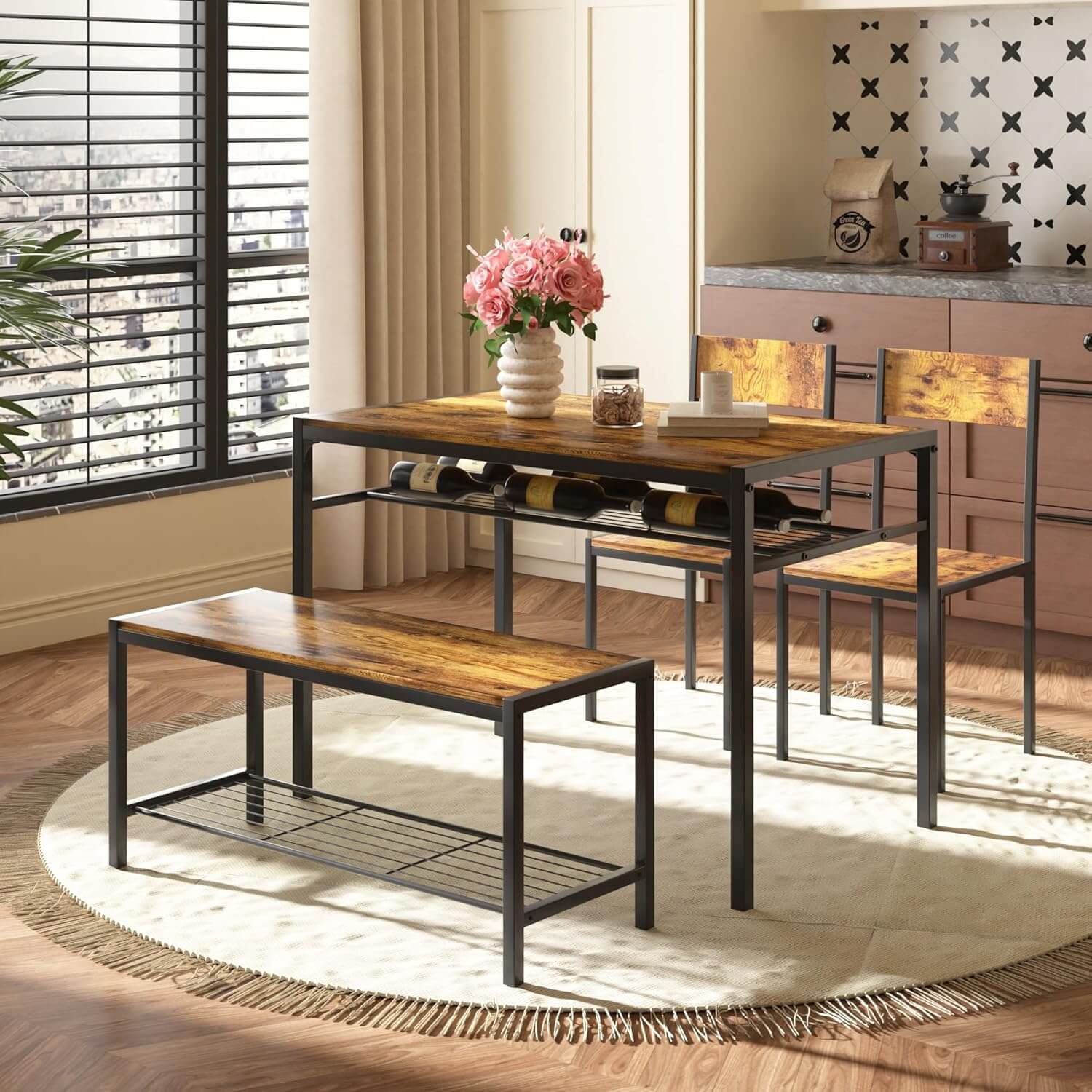 Brown and black industrial dining table set featuring a rectangular table, two chairs, and a bench in modern kitchen setting.