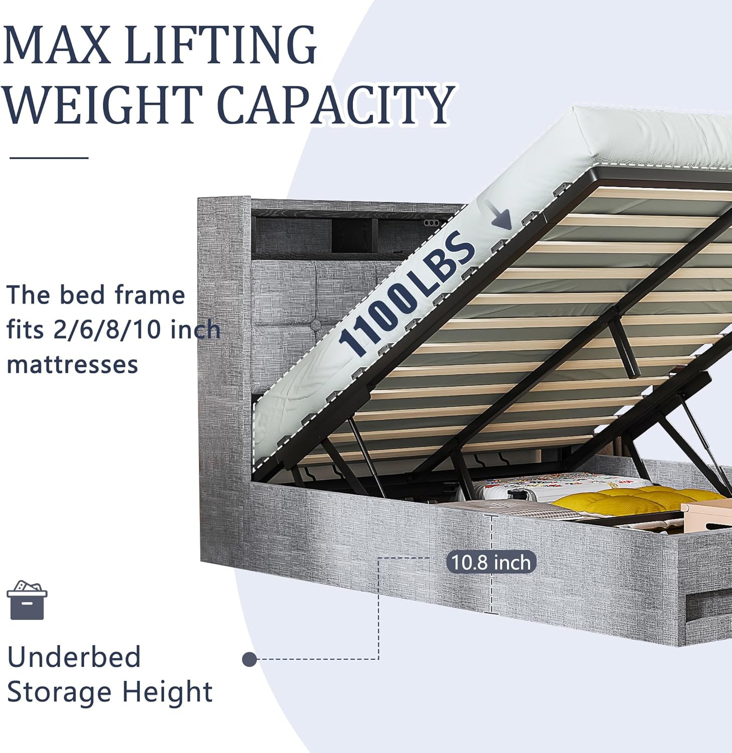 VECELO Lift Up Storage Bed, Upholstered Platform Bed Frame with Smart LED Lights and USB Charging Station