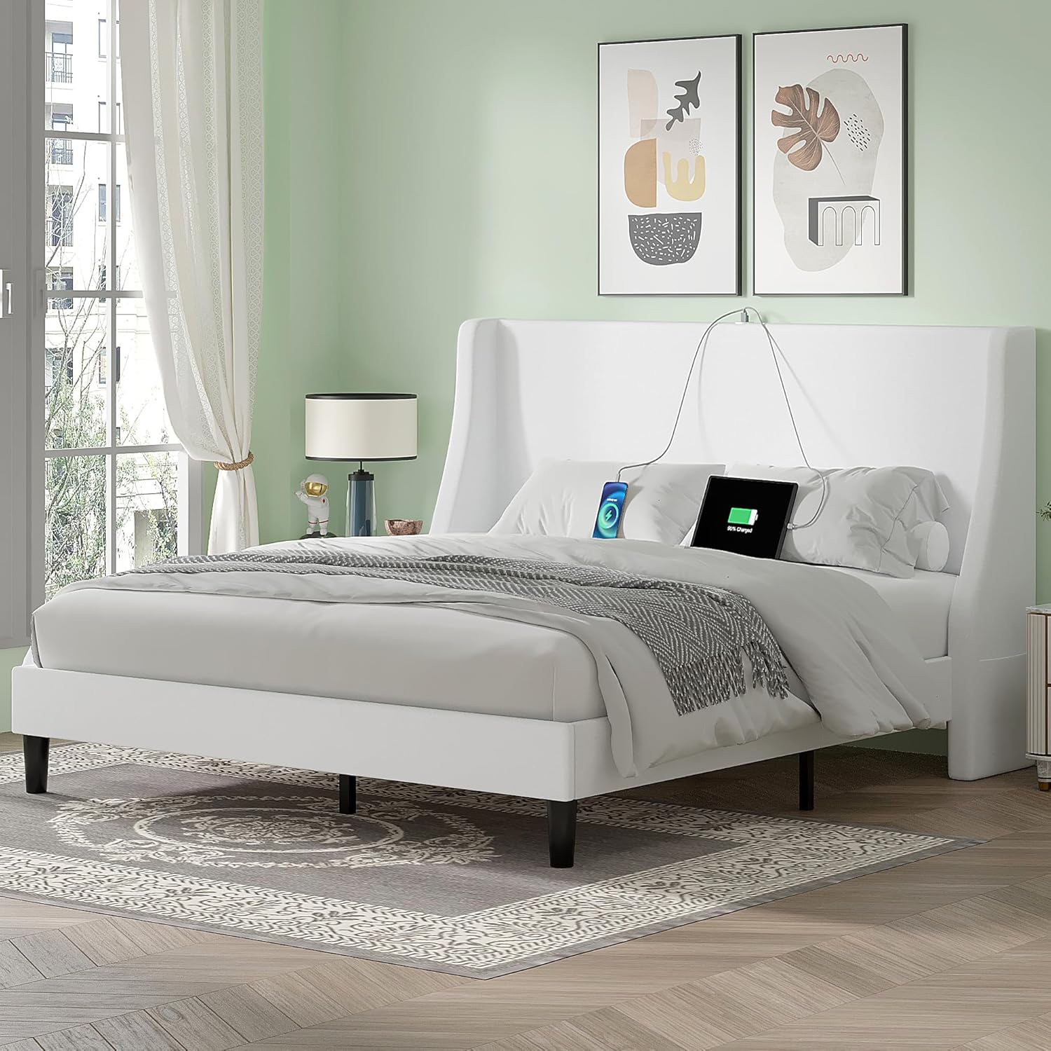 VECELO Bed Frame with Upholstered Wingback Headboard