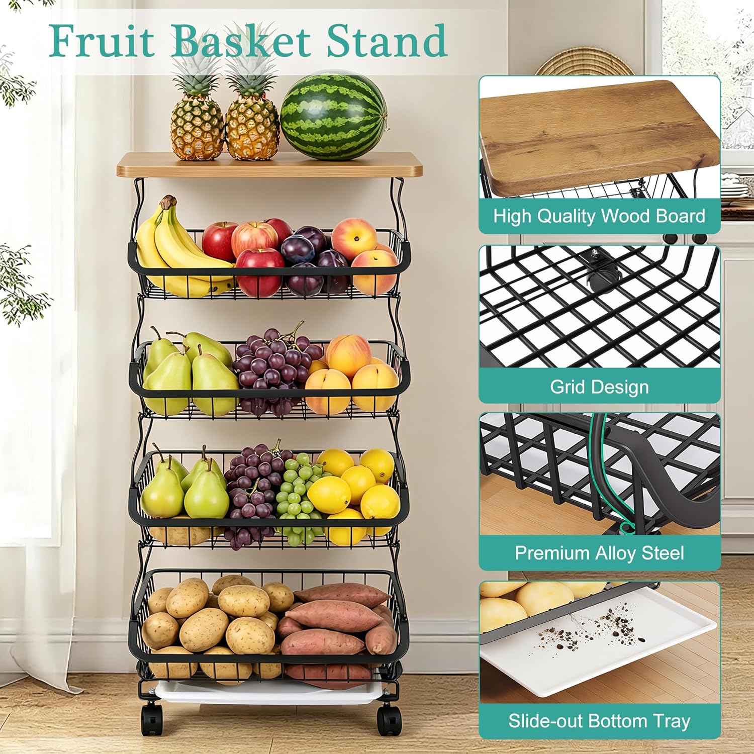 VECELO 4-Tier Fruit Basket with Wheels